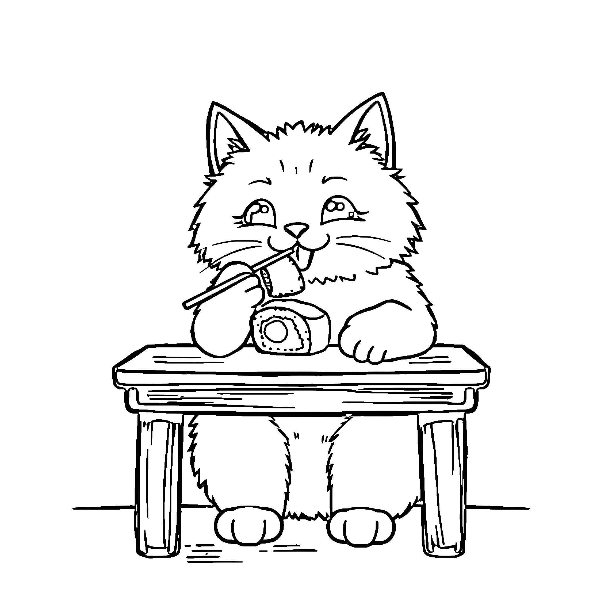 Cat playing with telephone on desk Coloring Page (free black-and-white line drawing printable PDF for all, from beginners to advanced learners, including children, teens, adults, and seniors)