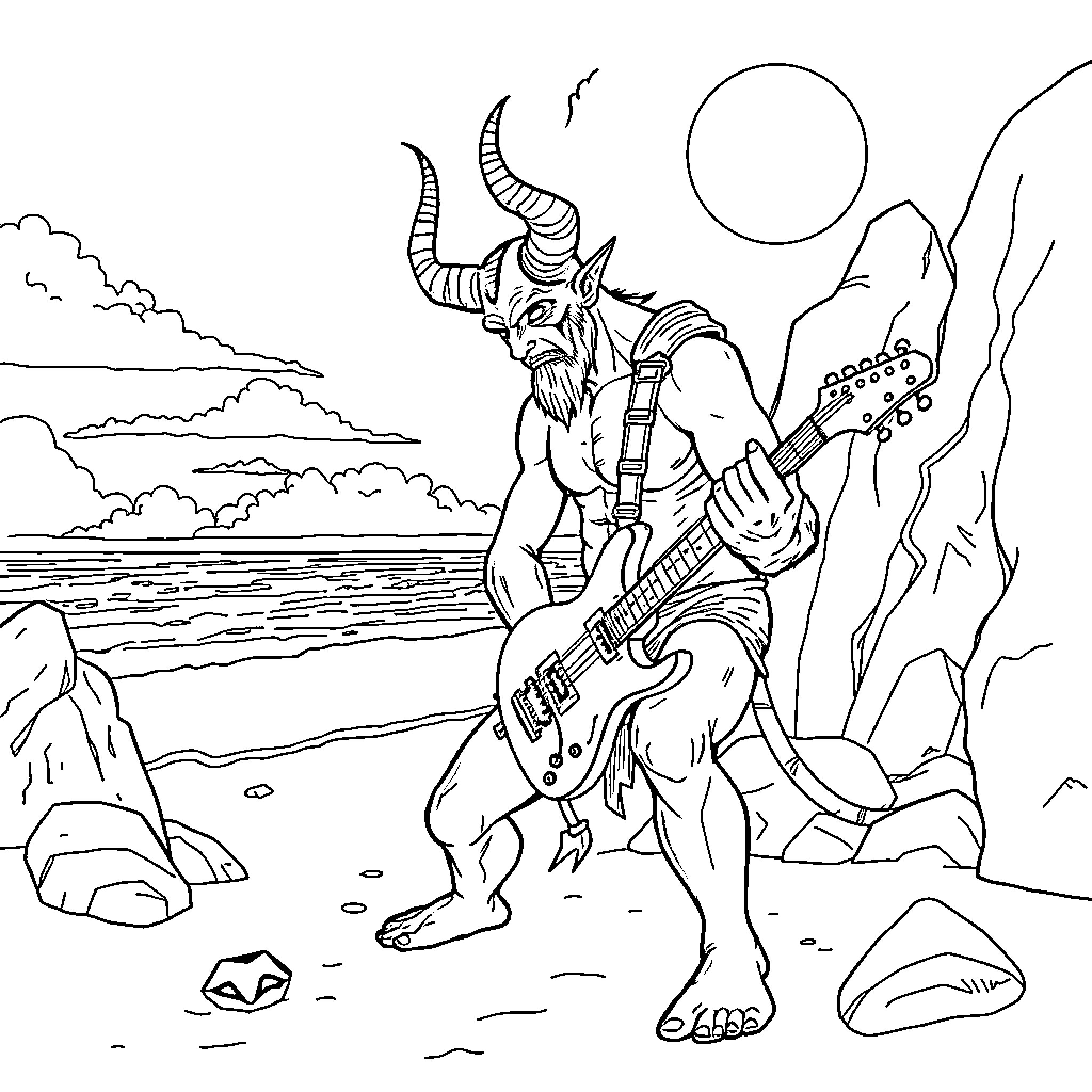 Satan Shreds the Guitar in the Wilderness Coloring Page (free black-and-white line drawing printable PDF for all, from beginners to advanced learners, including children, teens, adults, and seniors)