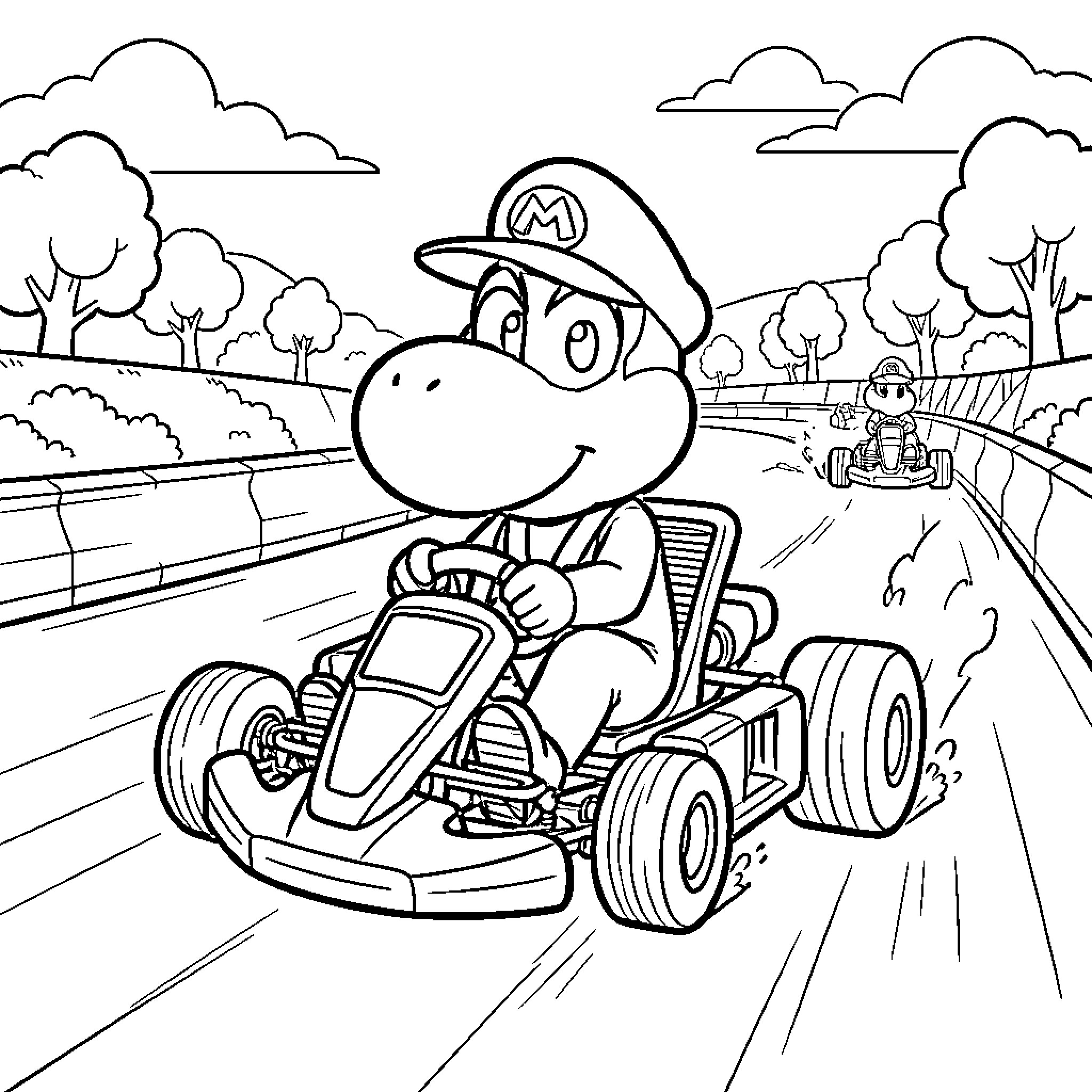 Yoshi driving a racing kart on a track Coloring Page (free black-and-white line drawing printable PDF for all, from beginners to advanced learners, including children, teens, adults, and seniors)
