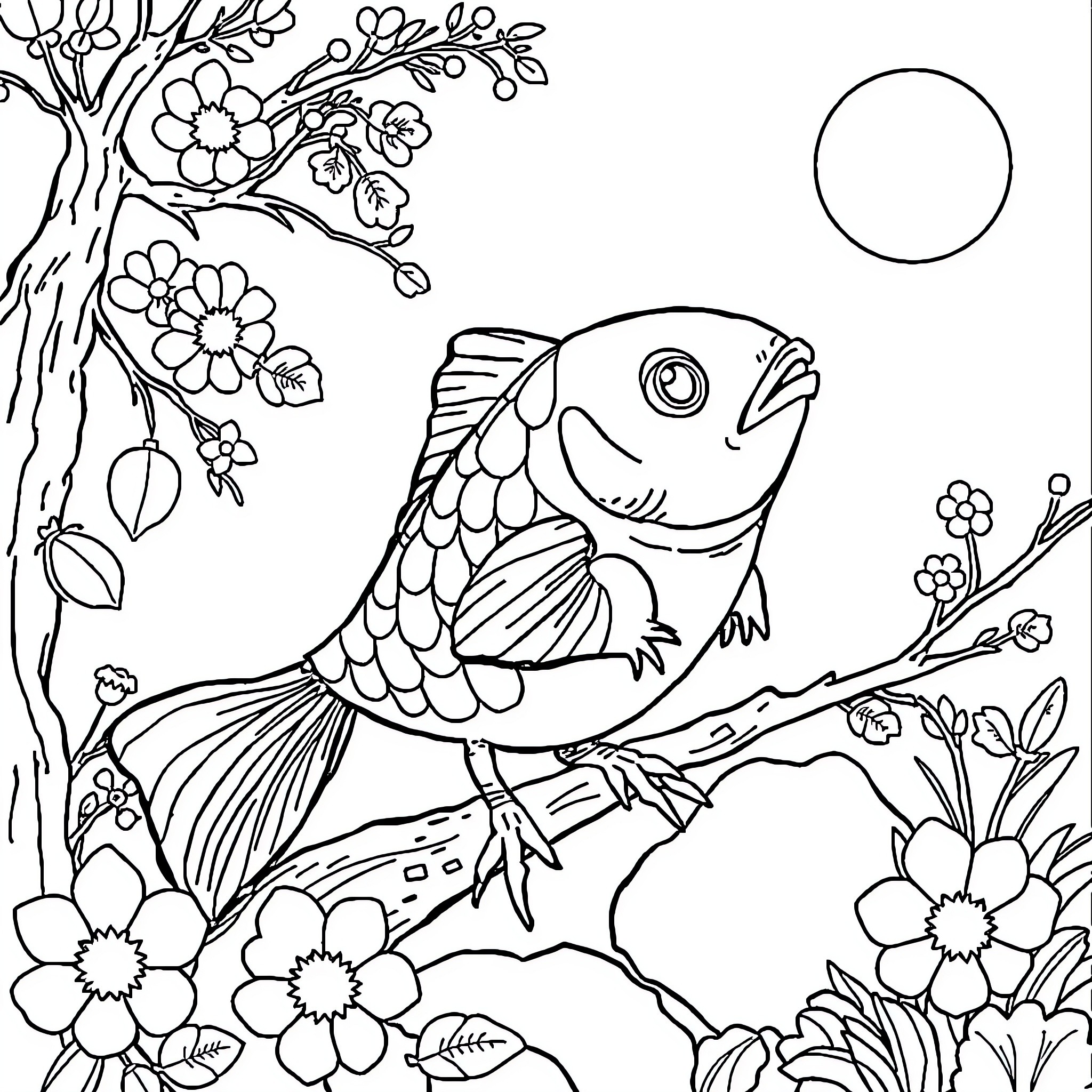 Boy discovering a colorful fish in the garden Coloring Page (free black-and-white line drawing printable PDF for all, from beginners to advanced learners, including children, teens, adults, and seniors)
