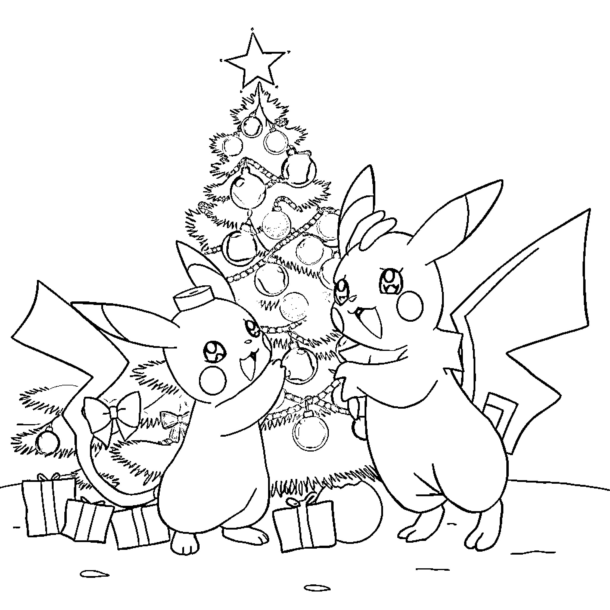 Pokémon characters celebrating Christmas together Coloring Page (free black-and-white line drawing printable PDF for all, from beginners to advanced learners, including children, teens, adults, and seniors)