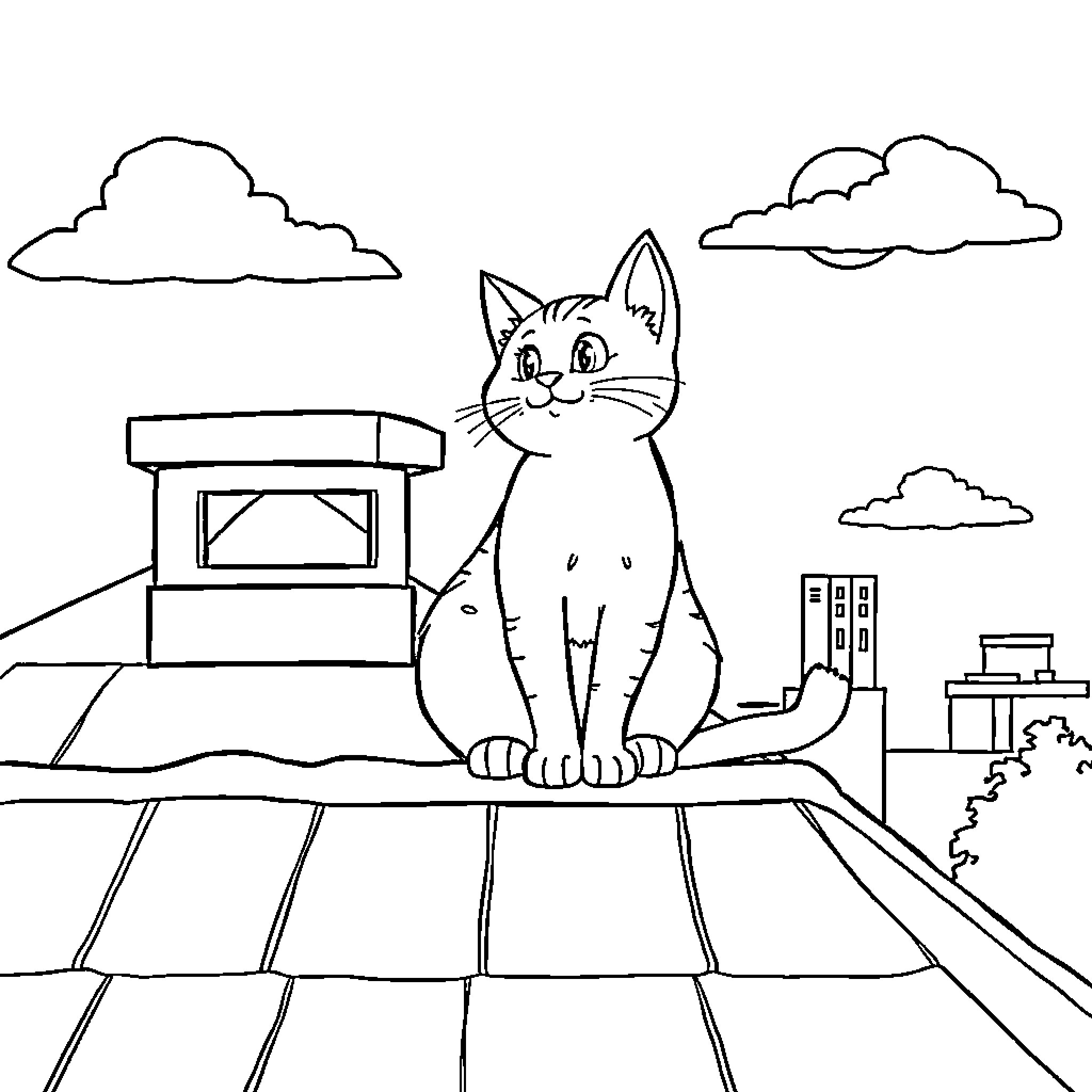 Cat sitting on a rooftop with cityscape Coloring Page (free black-and-white line drawing printable PDF for all, from beginners to advanced learners, including children, teens, adults, and seniors)