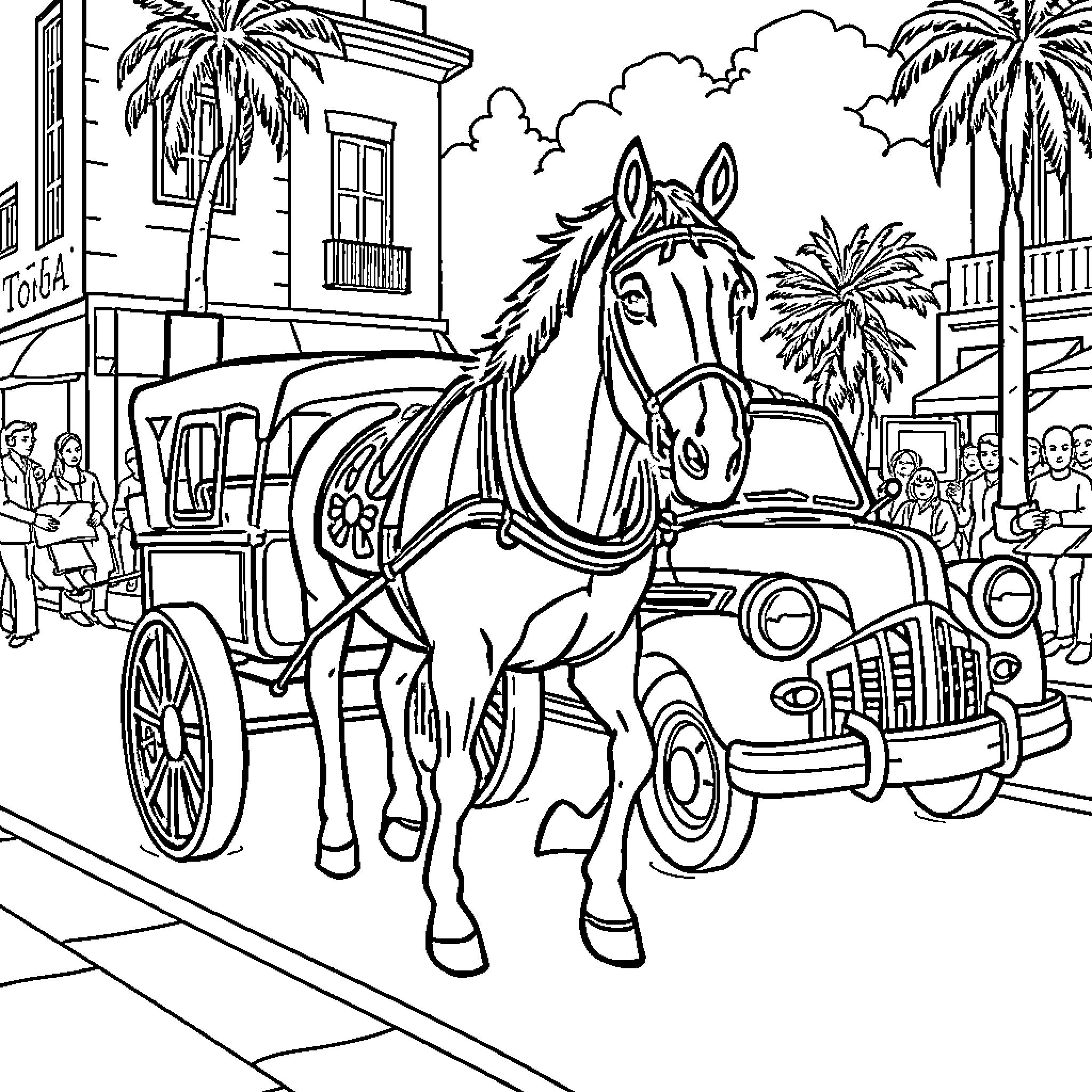 Horse-drawn carriage on a city street Coloring Page (free black-and-white line drawing printable PDF for all, from beginners to advanced learners, including children, teens, adults, and seniors)