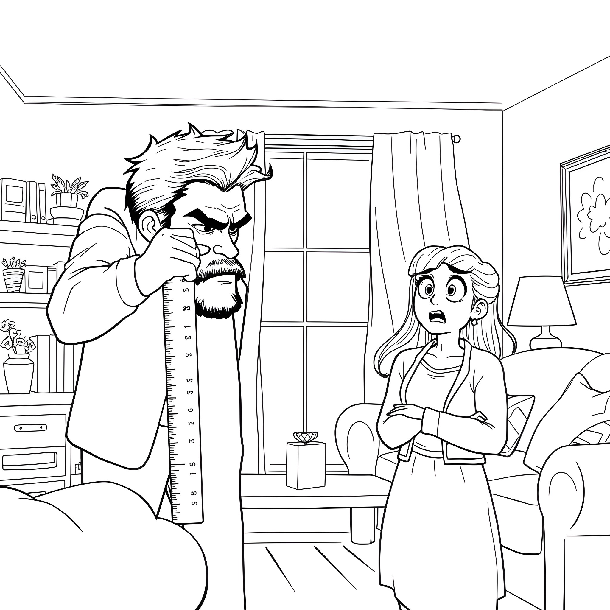 Husband measuring his wife's height in the bedroom Coloring Page (free black-and-white line drawing printable PDF for all, from beginners to advanced learners, including children, teens, adults, and seniors)