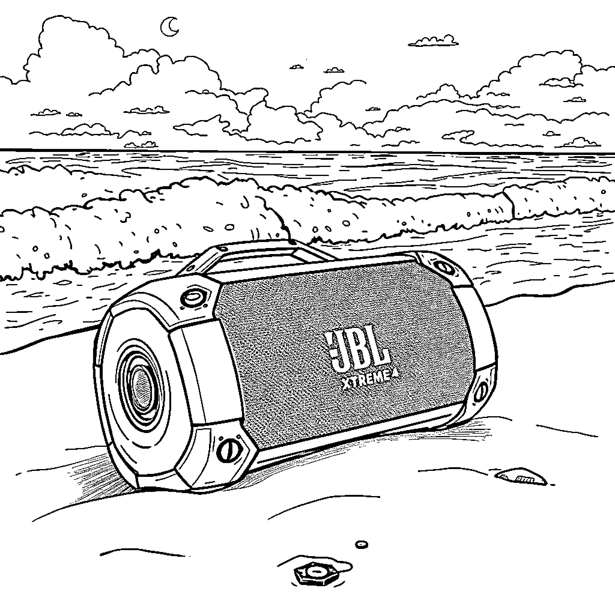 JBL Xtreme 4 on the Beach at Night Coloring Page (free black-and-white line drawing printable PDF for all, from beginners to advanced learners, including children, teens, adults, and seniors)