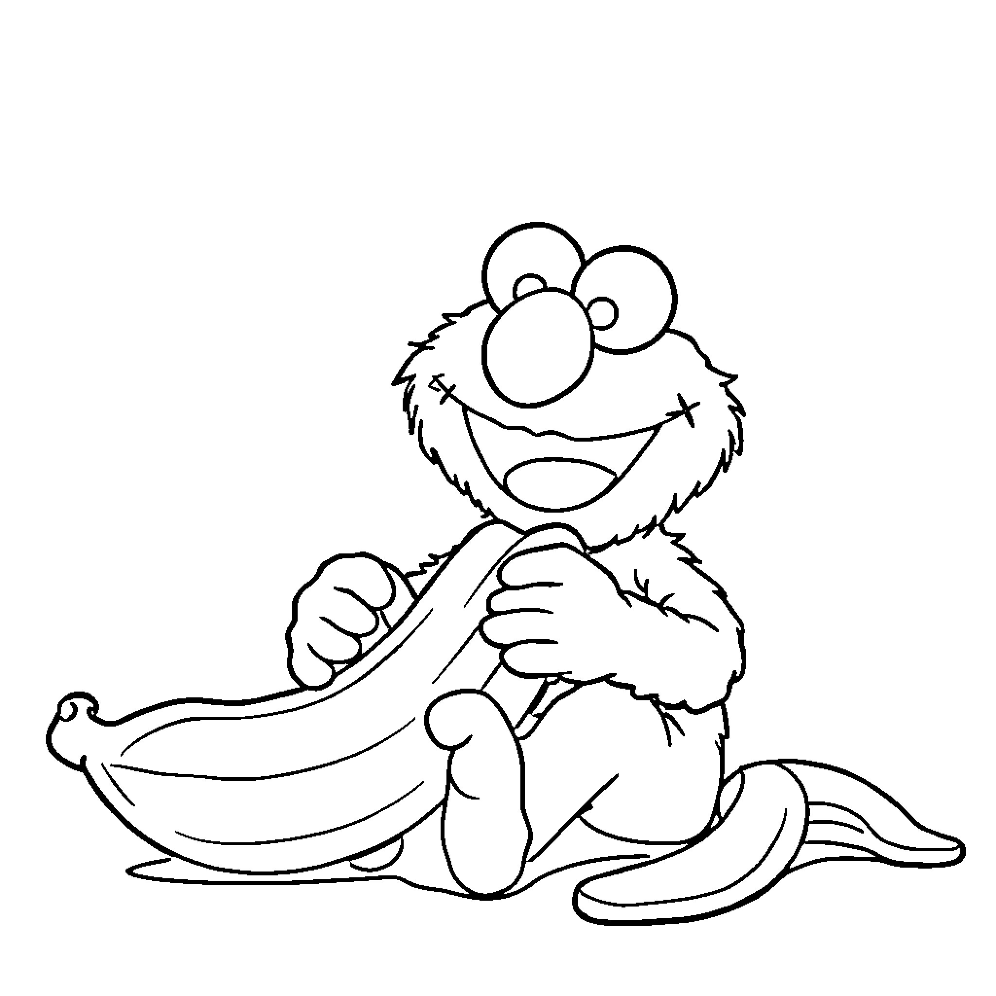 Elmo enjoying a healthy snack of bananas Coloring Page (free black-and-white line drawing printable PDF for all, from beginners to advanced learners, including children, teens, adults, and seniors)