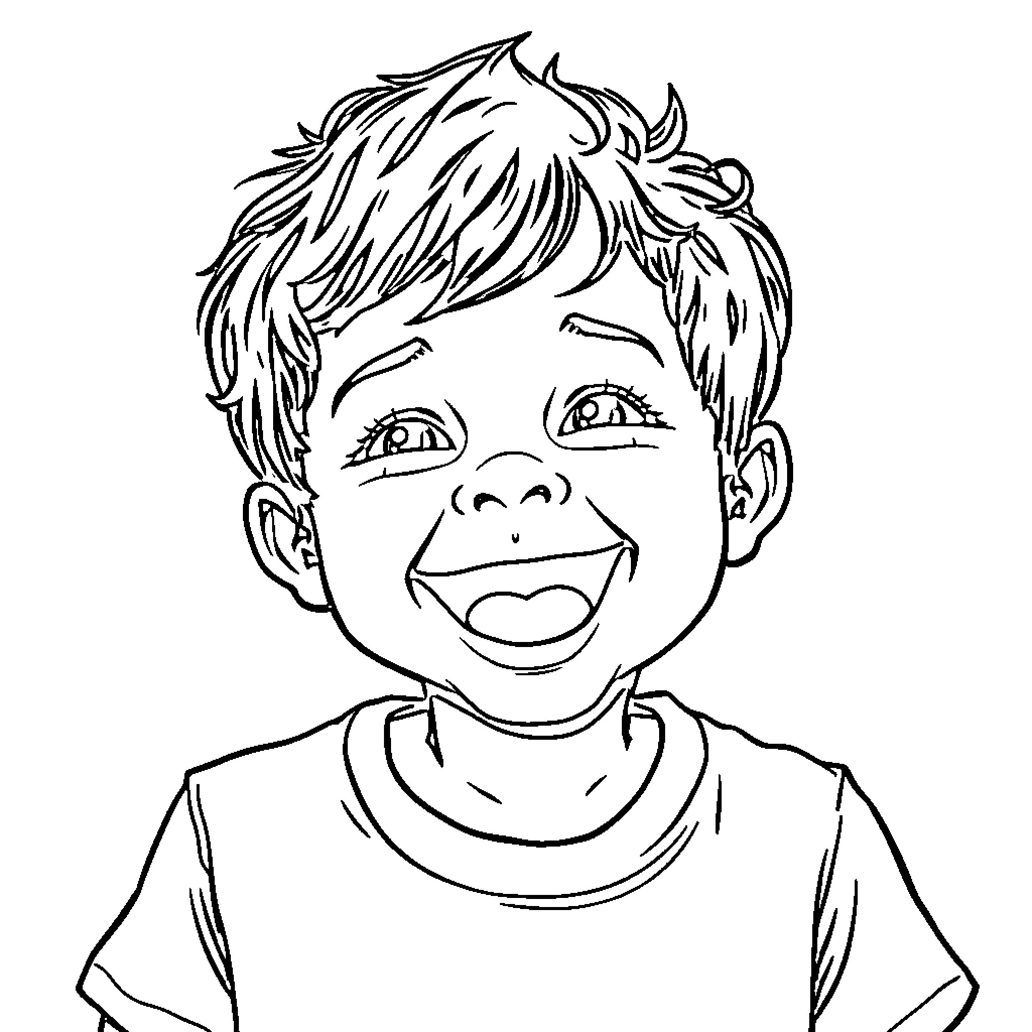Child happily smiling with expressive face Coloring Page (free black-and-white line drawing printable PDF for all, from beginners to advanced learners, including children, teens, adults, and seniors)