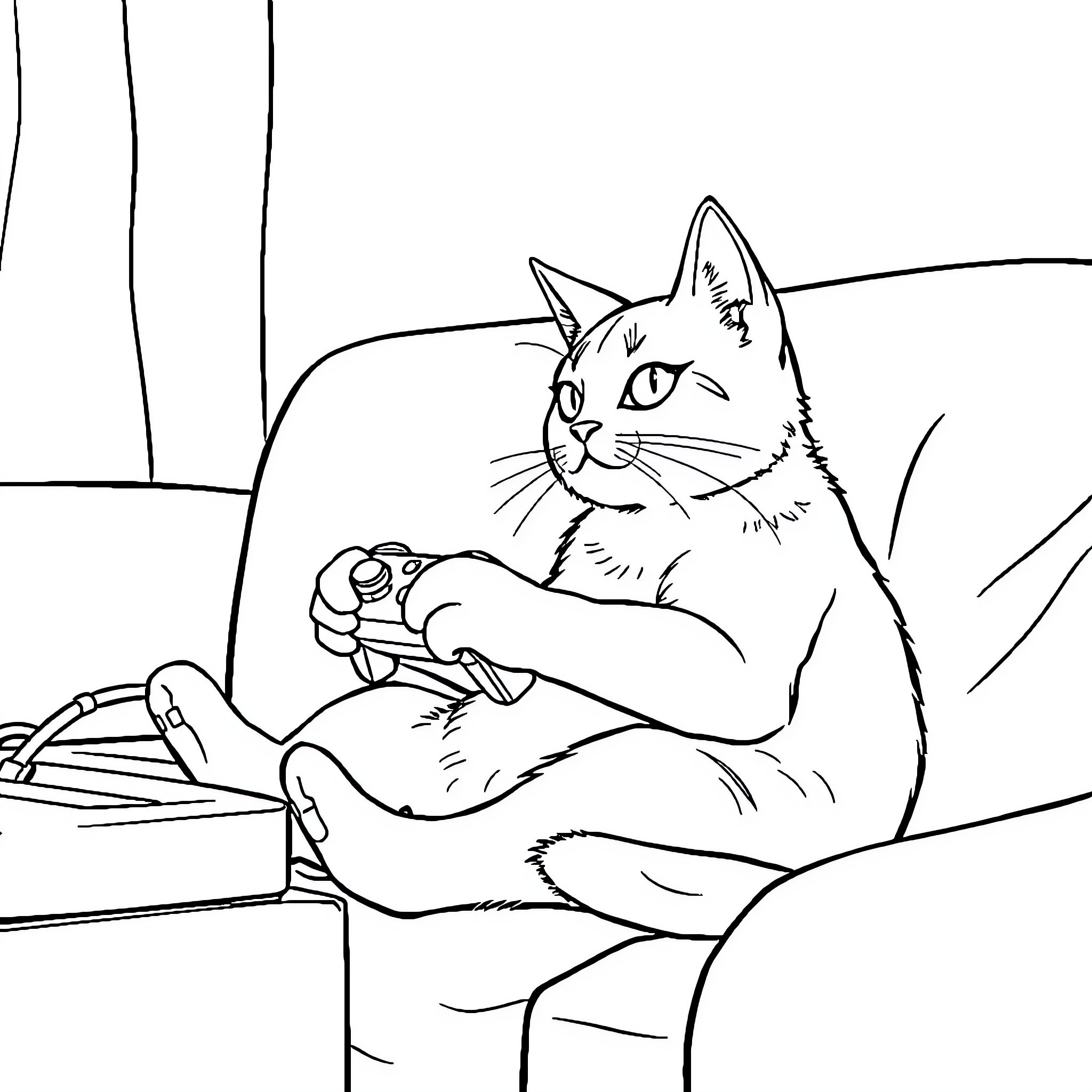 Cat playing video games on the couch Coloring Page (free black-and-white line drawing printable PDF for all, from beginners to advanced learners, including children, teens, adults, and seniors)