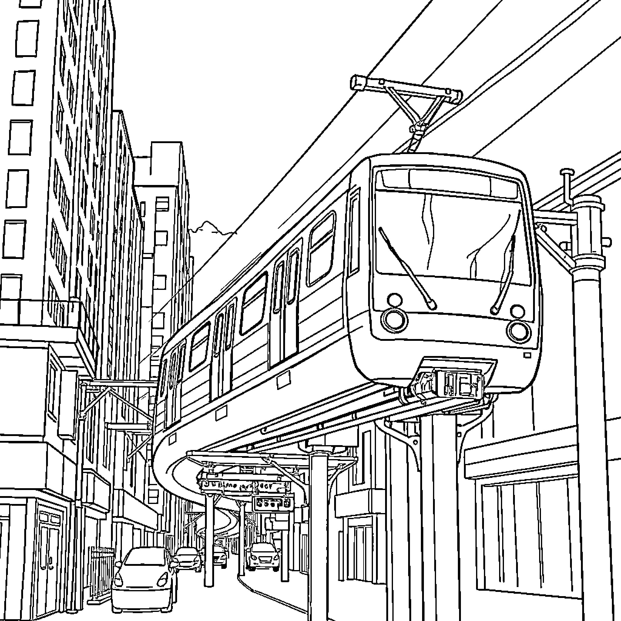 Train transporting passengers through the city Coloring Page (free black-and-white line drawing printable PDF for all, from beginners to advanced learners, including children, teens, adults, and seniors)