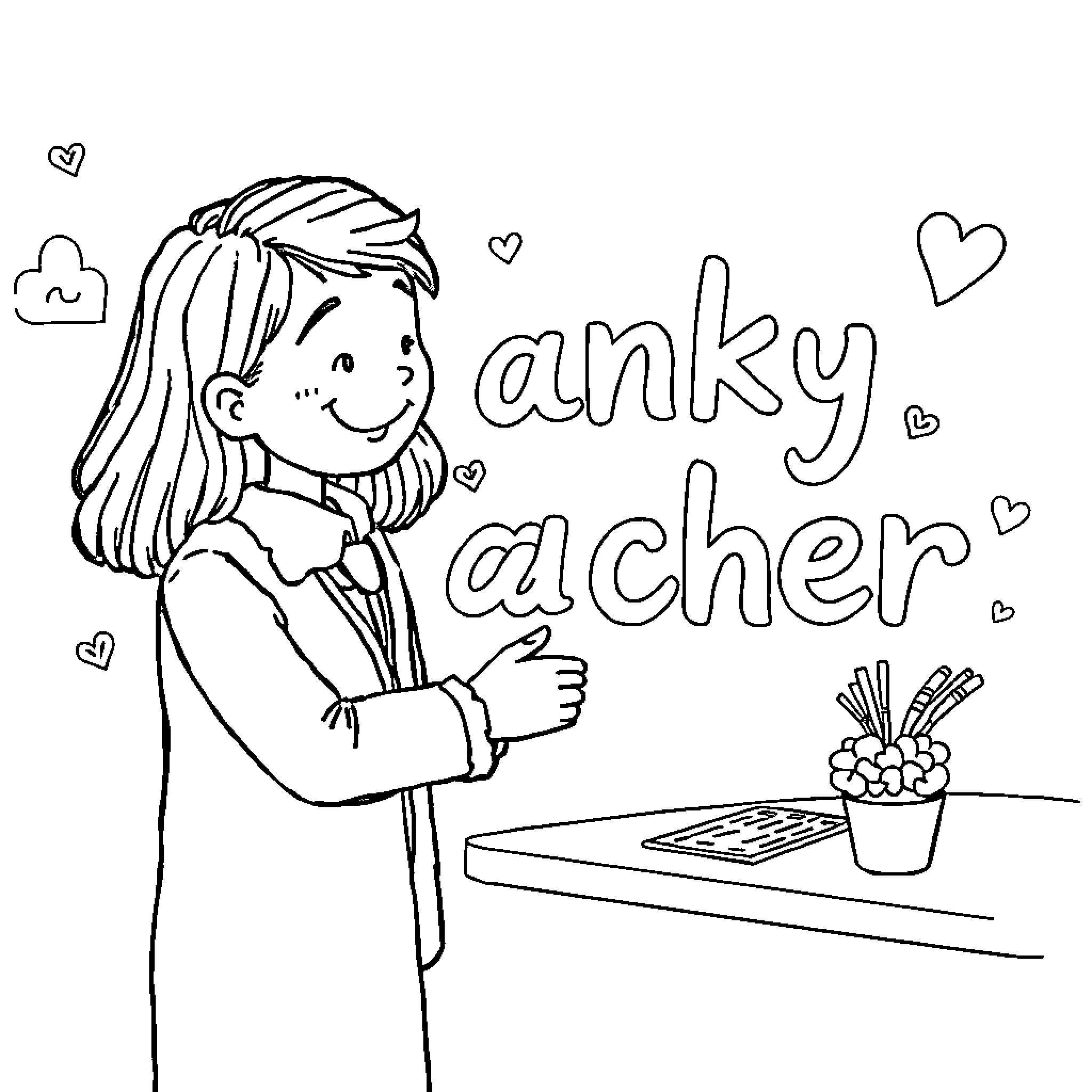 Teacher smiling while standing by a desk Coloring Page (free black-and-white line drawing printable PDF for all, from beginners to advanced learners, including children, teens, adults, and seniors)
