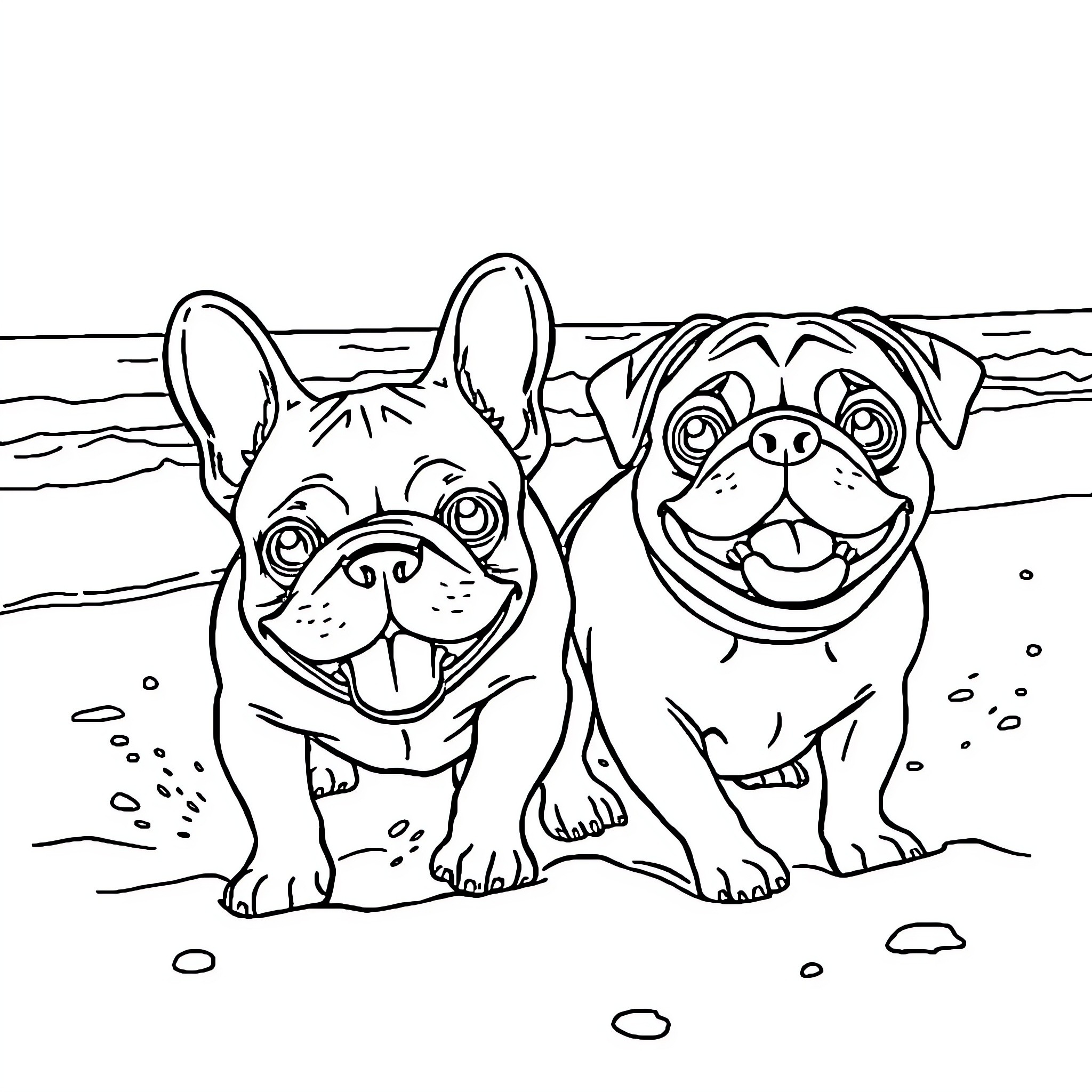 Dog friends playing on the beach Coloring Page (free black-and-white line drawing printable PDF for all, from beginners to advanced learners, including children, teens, adults, and seniors)