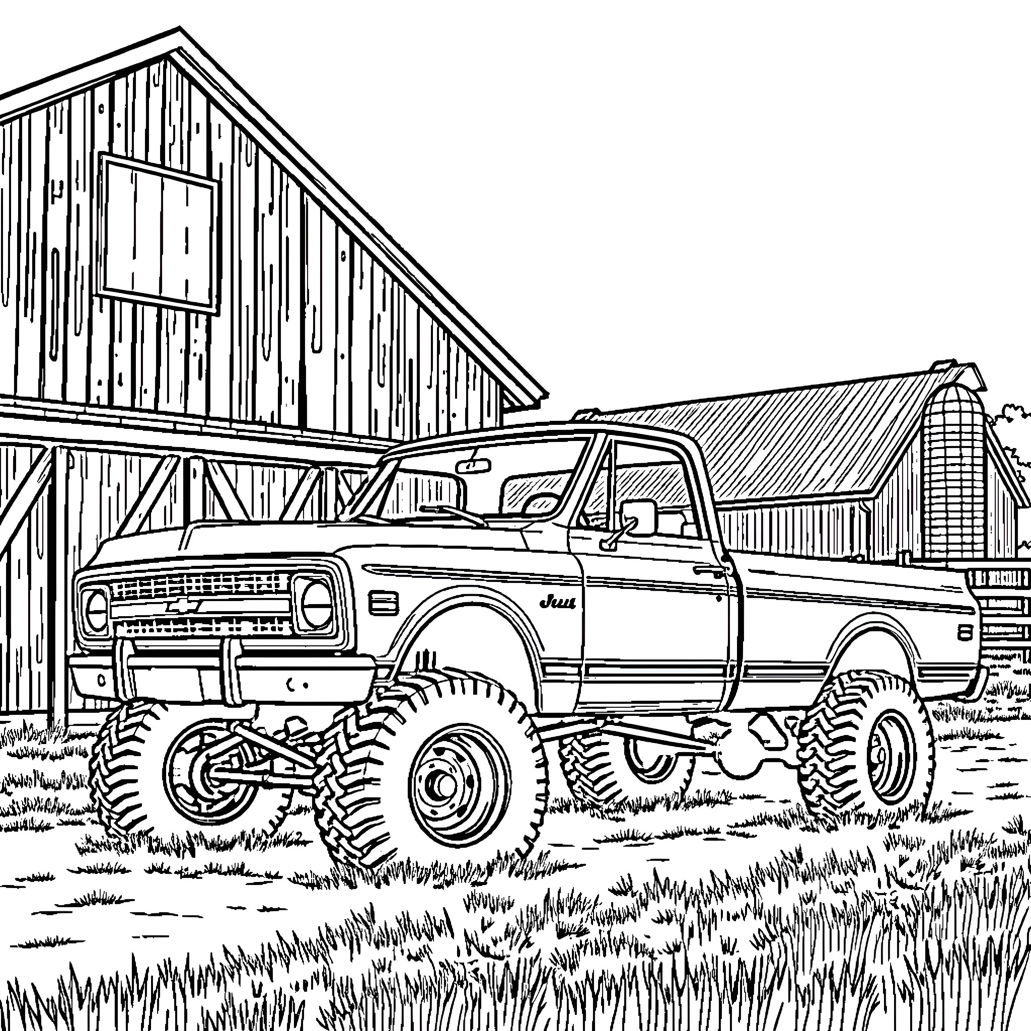 Chevrolet Pickup Truck in Country Setting Coloring Page (free black-and-white line drawing printable PDF for all, from beginners to advanced learners, including children, teens, adults, and seniors)