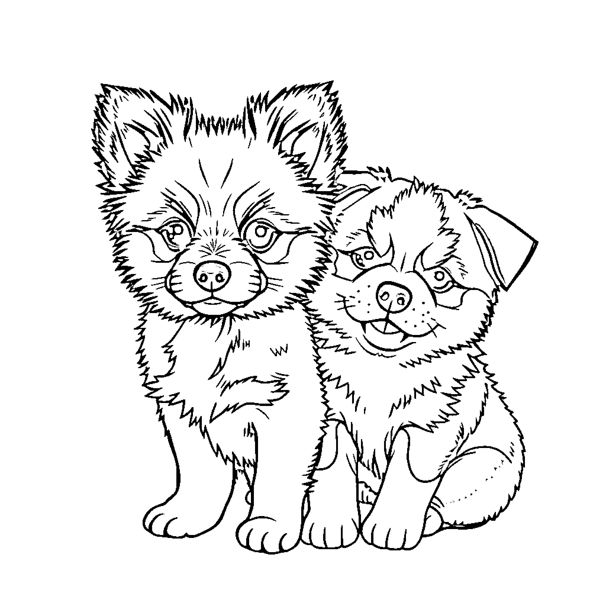 Puppy Pair Playfully Posing Coloring Page (free black-and-white line drawing printable PDF for all, from beginners to advanced learners, including children, teens, adults, and seniors)