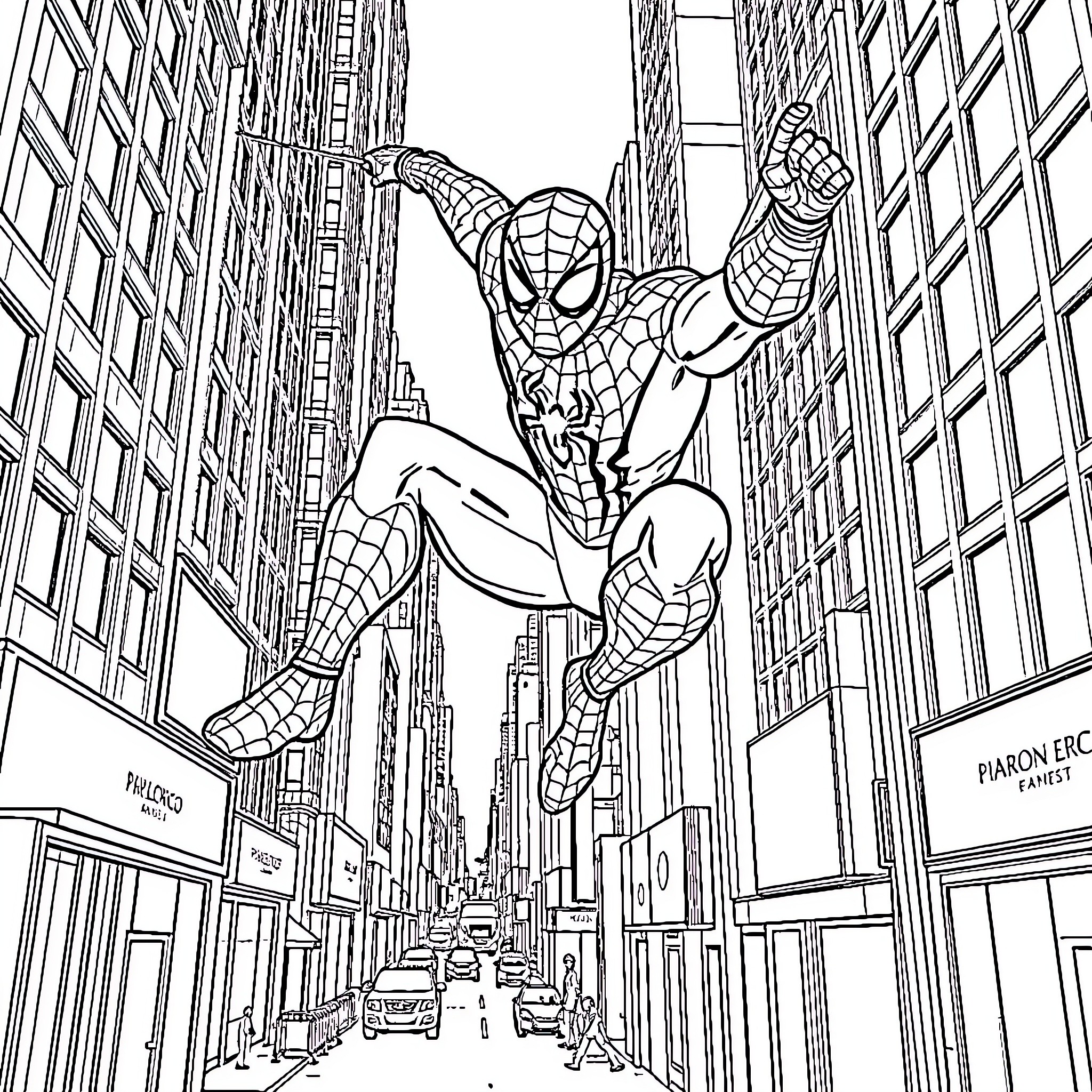 Spiderman swinging through the city streets Coloring Page (free black-and-white line drawing printable PDF for all, from beginners to advanced learners, including children, teens, adults, and seniors)