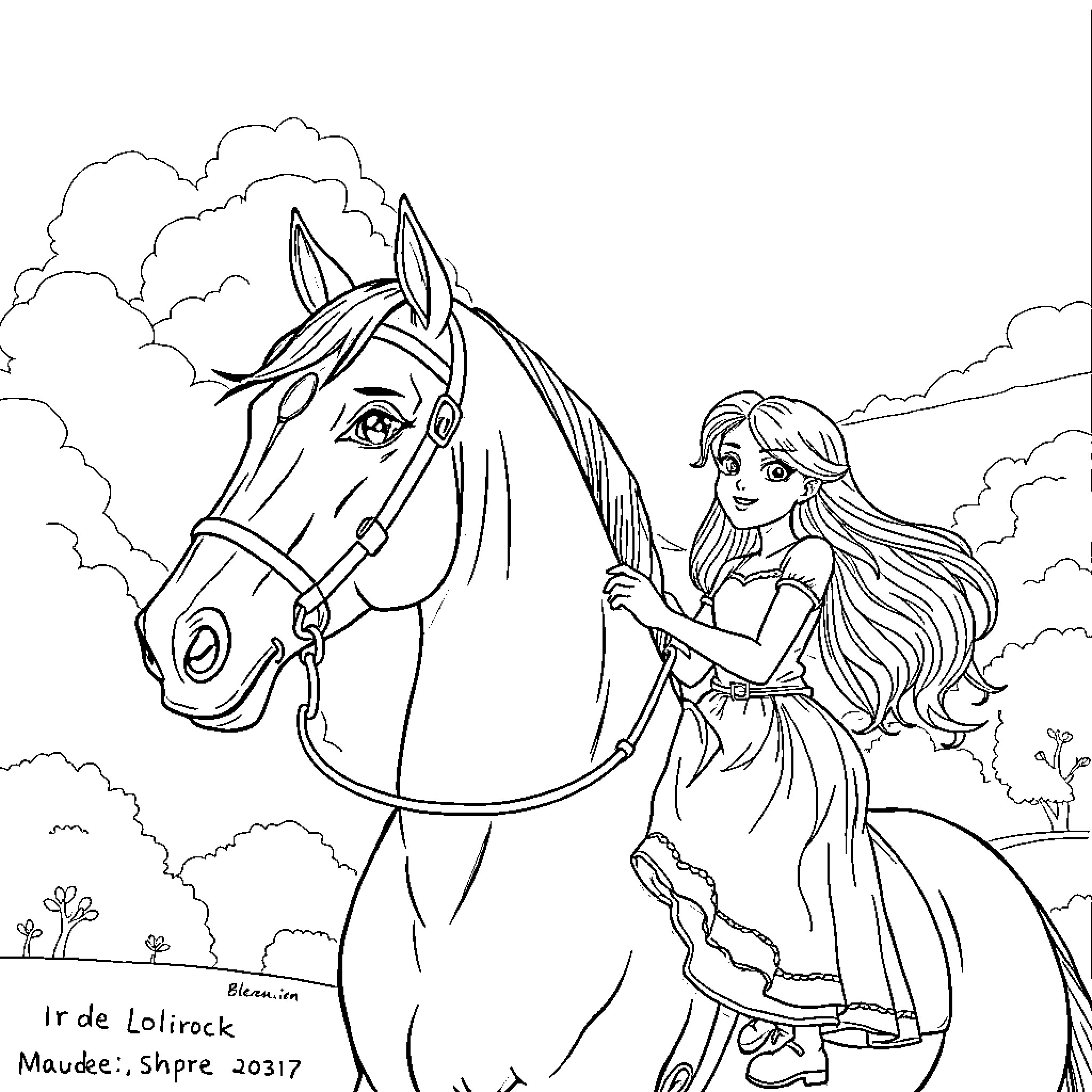 Iris riding a majestic horse in the countryside Coloring Page (free black-and-white line drawing printable PDF for all, from beginners to advanced learners, including children, teens, adults, and seniors)