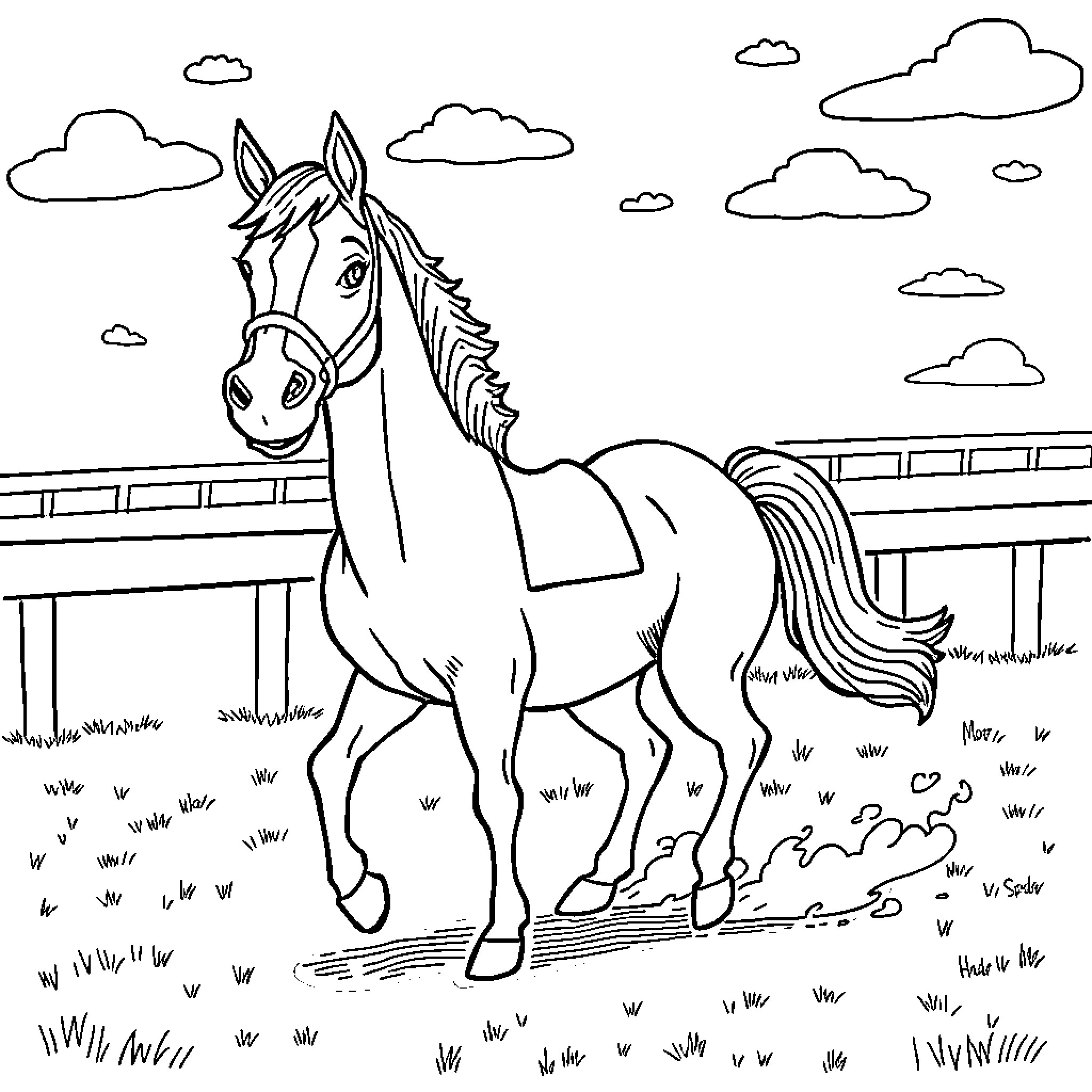 Racehorse running through the countryside Coloring Page (free black-and-white line drawing printable PDF for all, from beginners to advanced learners, including children, teens, adults, and seniors)