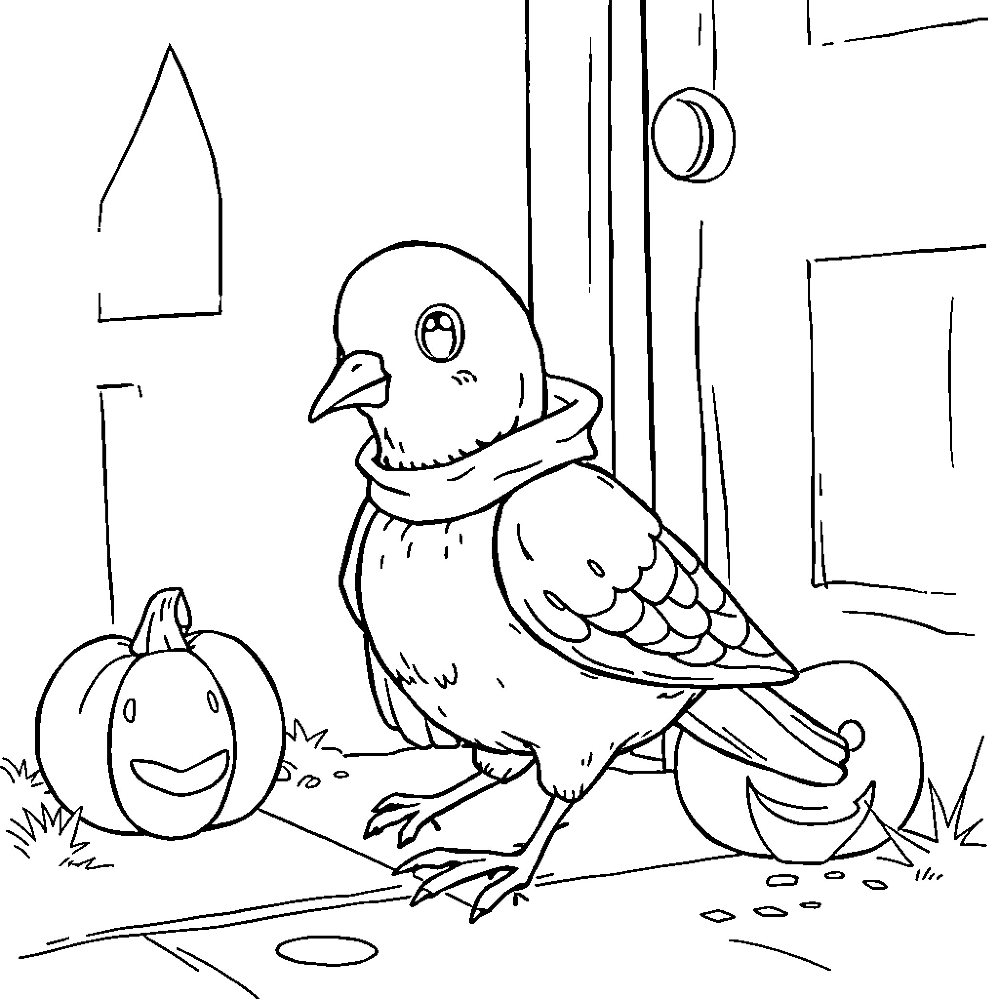 Pigeon exploring a festive pumpkin patch Coloring Page (free black-and-white line drawing printable PDF for all, from beginners to advanced learners, including children, teens, adults, and seniors)