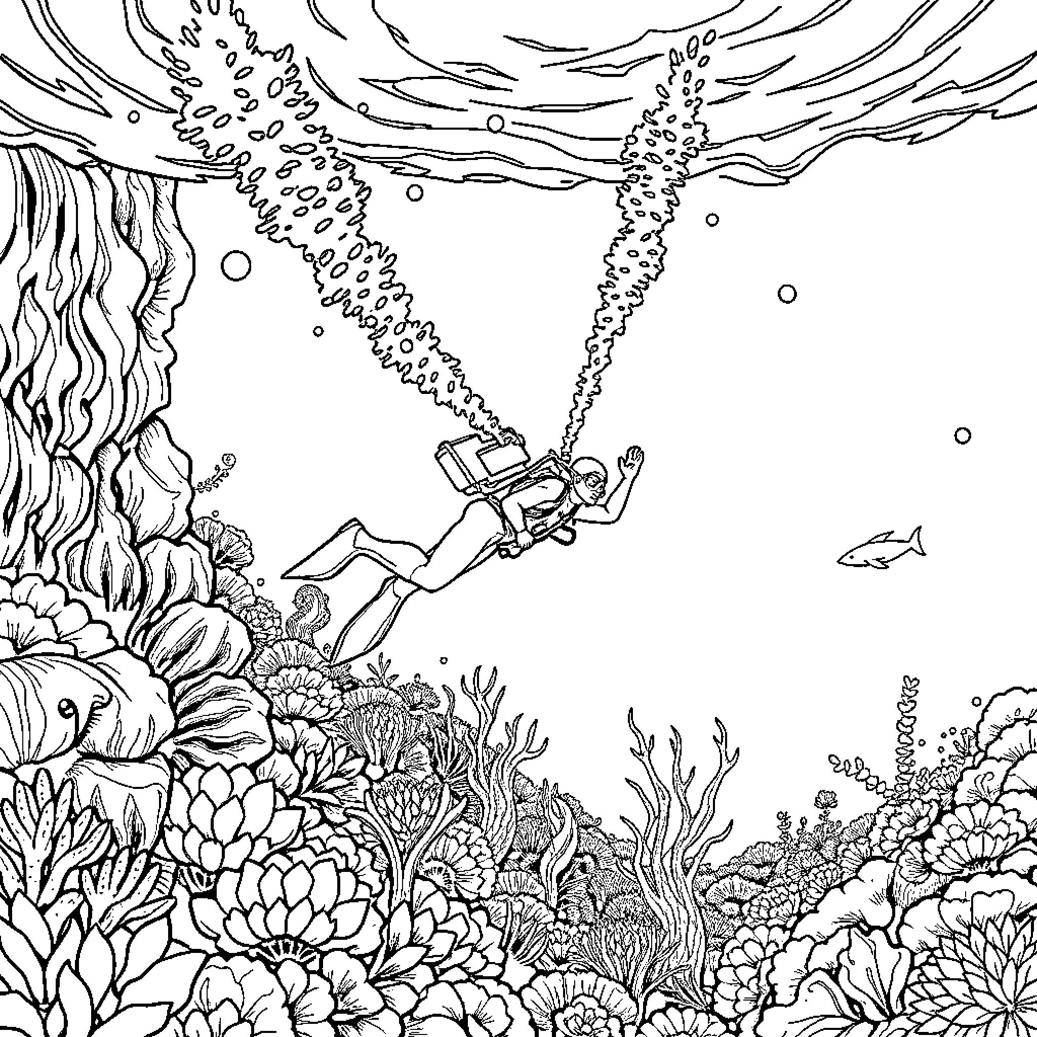 Diver exploring colorful underwater reef landscape Coloring Page (free black-and-white line drawing printable PDF for all, from beginners to advanced learners, including children, teens, adults, and seniors)