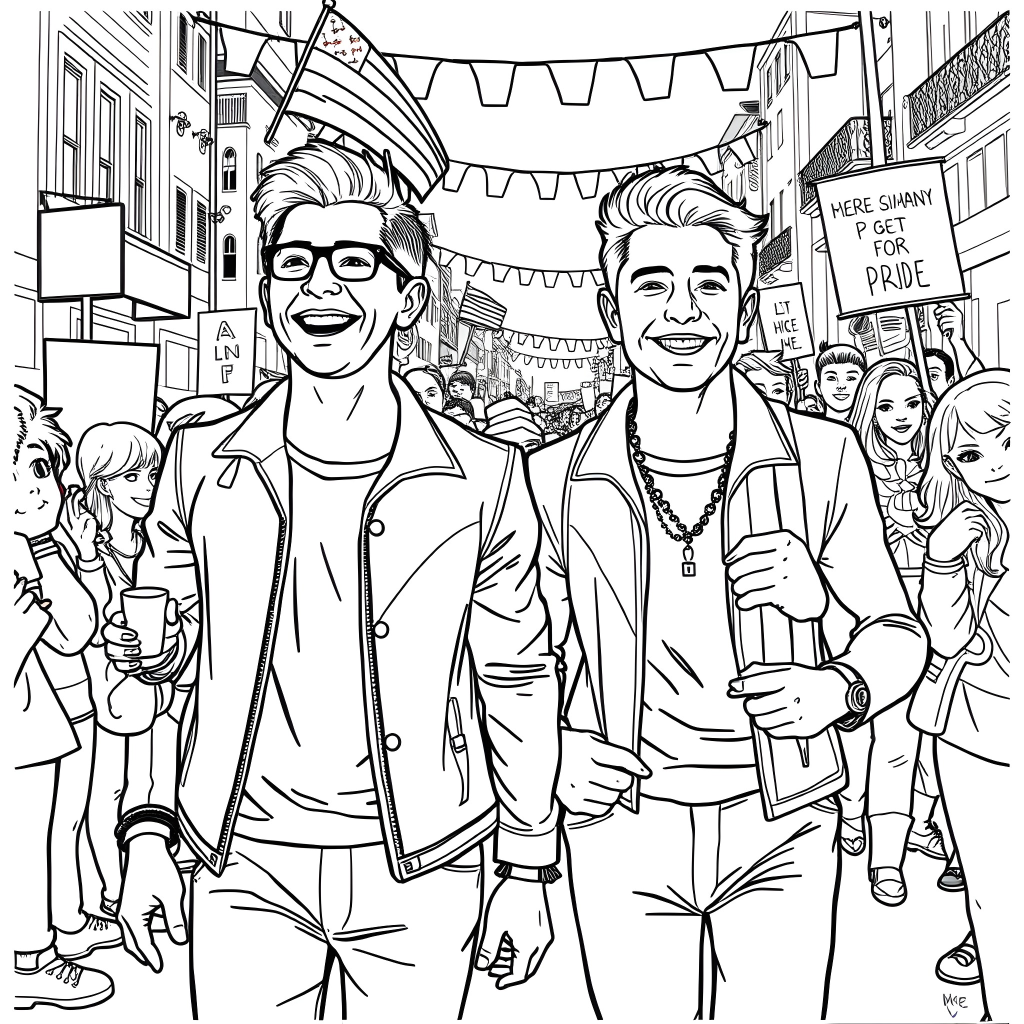 Tom Holland and Co. Enjoying a Lively Street Festival Coloring Page (free black-and-white line drawing printable PDF for all, from beginners to advanced learners, including children, teens, adults, and seniors)