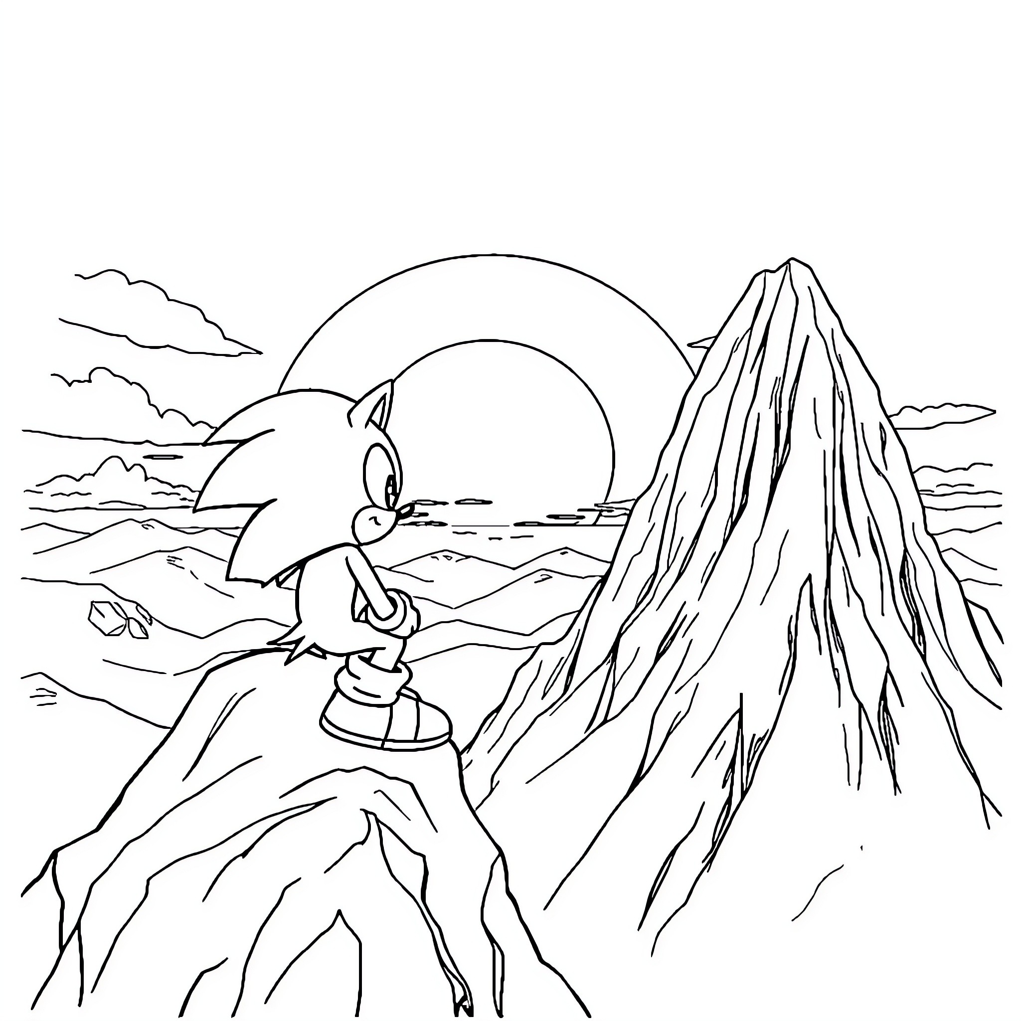 Sonic leaping over rugged mountain terrain Coloring Page (free black-and-white line drawing printable PDF for all, from beginners to advanced learners, including children, teens, adults, and seniors)