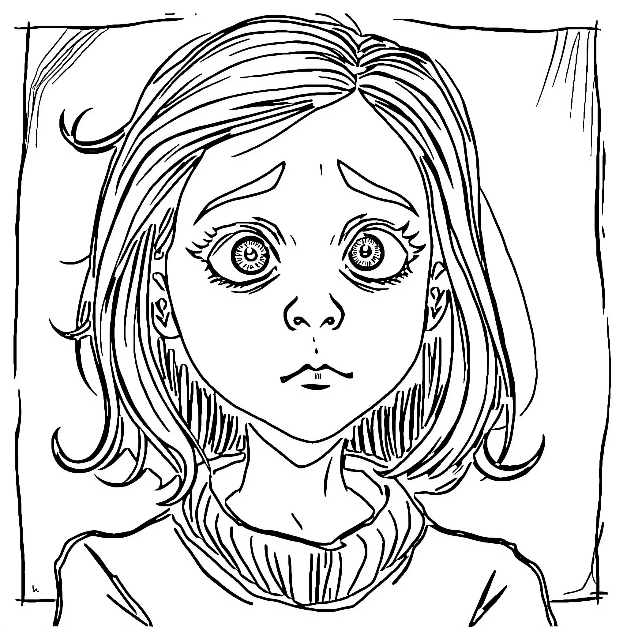 Girl with Expressive Eyes and Flowing Hair Coloring Page (free black-and-white line drawing printable PDF for all, from beginners to advanced learners, including children, teens, adults, and seniors)