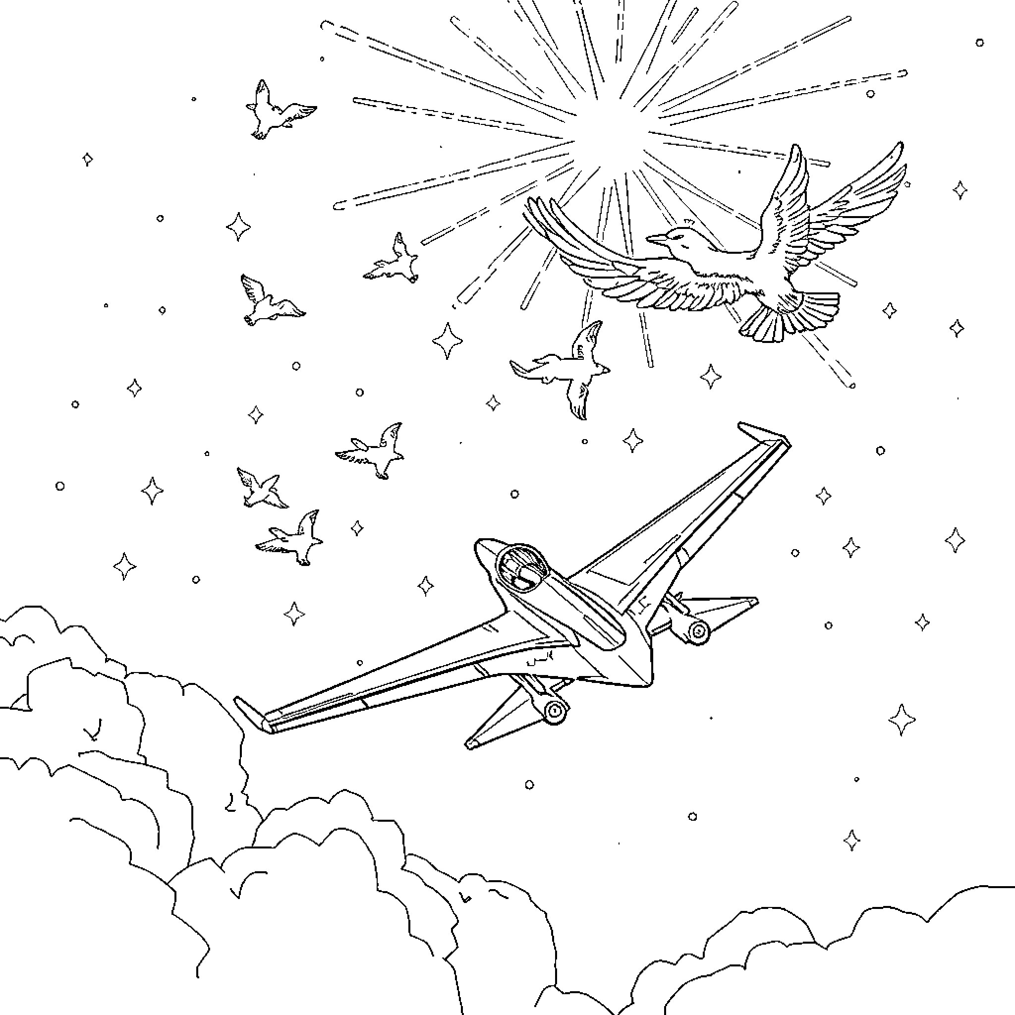 Jet soaring through the starry sky with birds Coloring Page (free black-and-white line drawing printable PDF for all, from beginners to advanced learners, including children, teens, adults, and seniors)