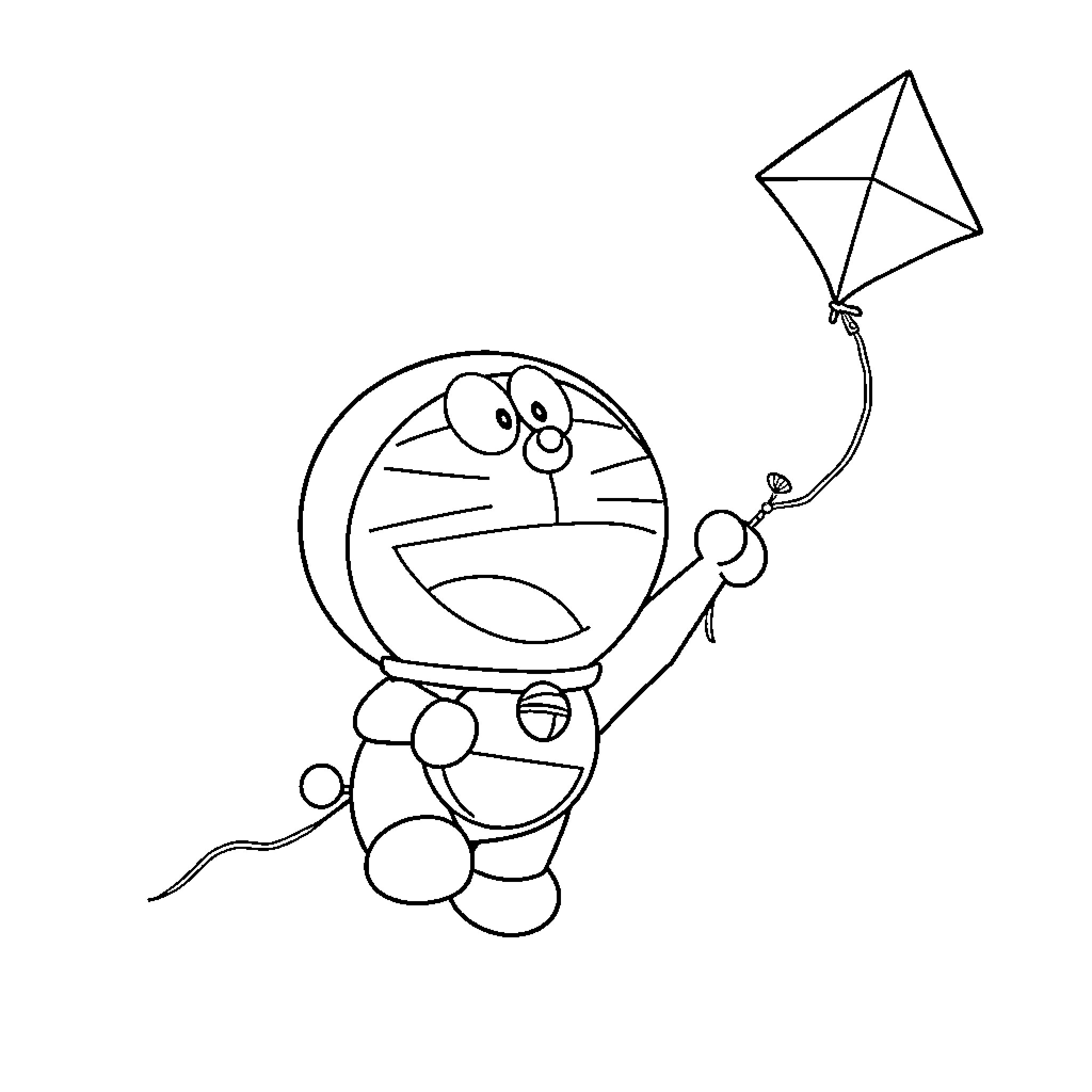 Doraemon flying a kite with joy Coloring Page (free black-and-white line drawing printable PDF for all, from beginners to advanced learners, including children, teens, adults, and seniors)