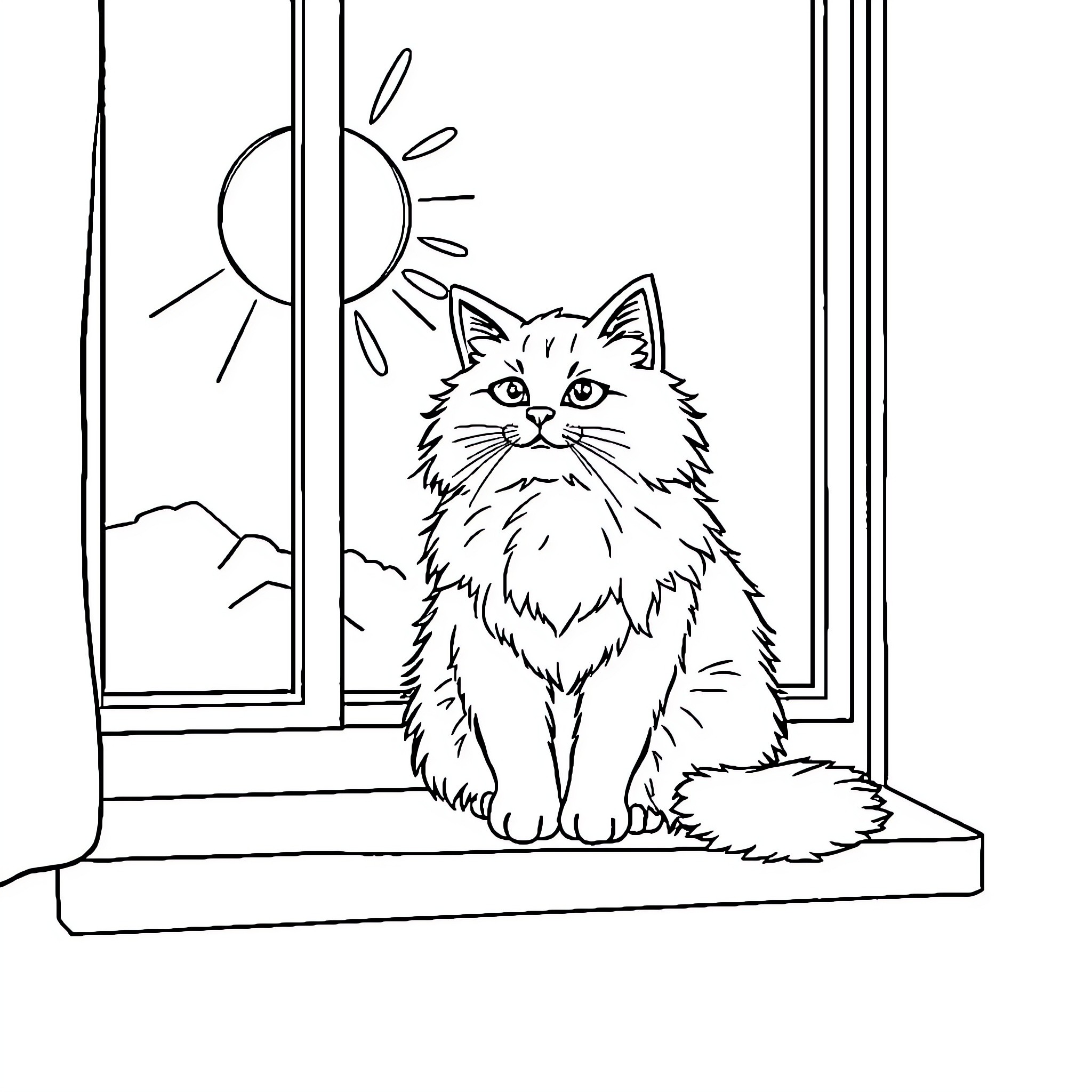 Cat enjoying the sunlight through the window Coloring Page (free black-and-white line drawing printable PDF for all, from beginners to advanced learners, including children, teens, adults, and seniors)