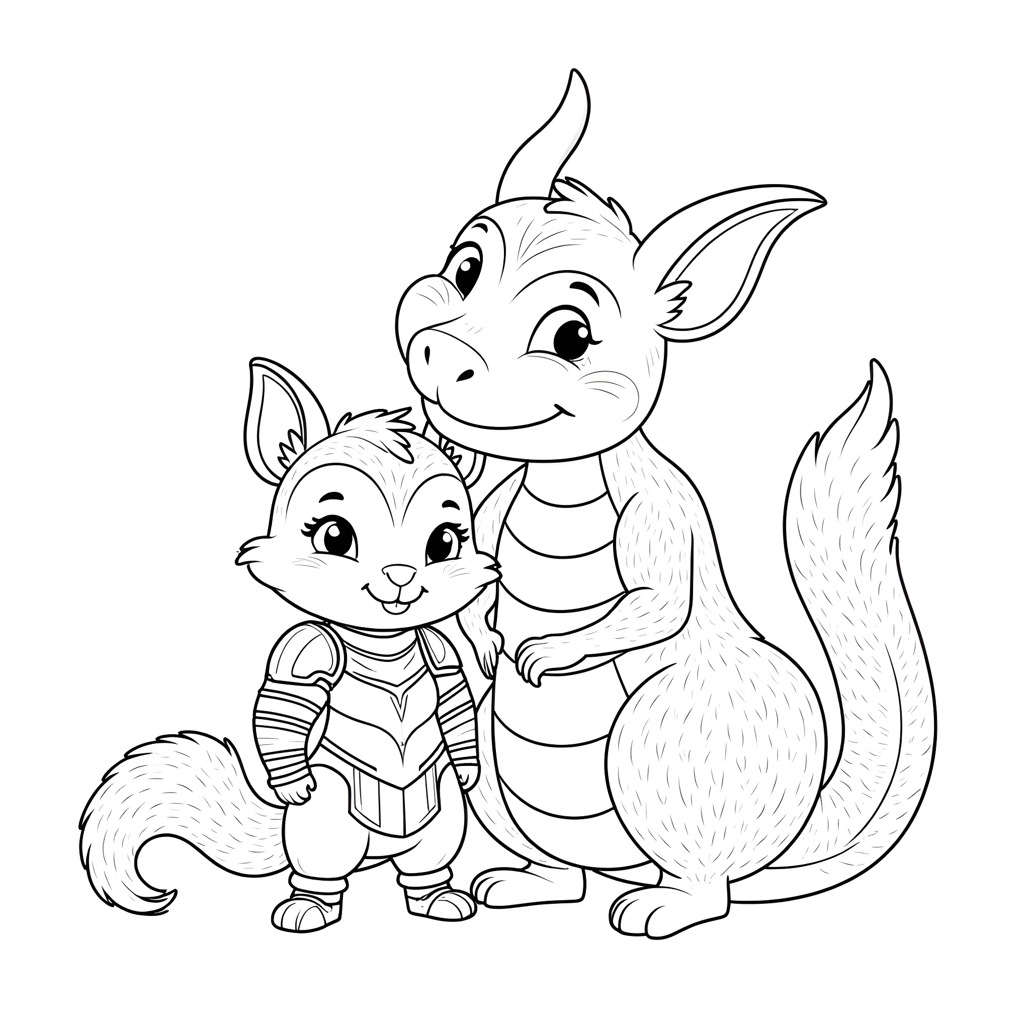 Squirrel friends playing together happily Coloring Page (free black-and-white line drawing printable PDF for all, from beginners to advanced learners, including children, teens, adults, and seniors)