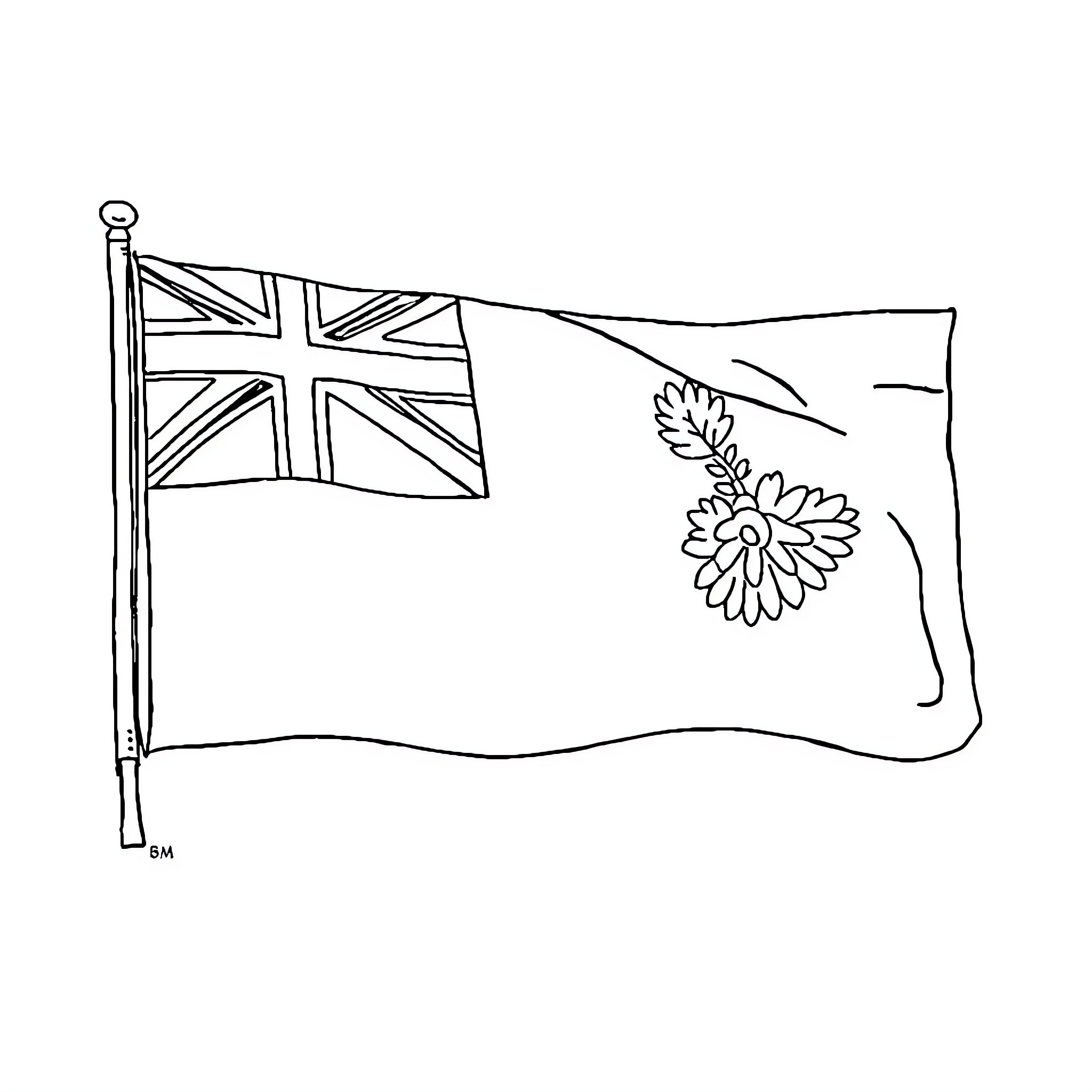 Kara waving the Union Jack flag with a daisy Coloring Page (free black-and-white line drawing printable PDF for all, from beginners to advanced learners, including children, teens, adults, and seniors)