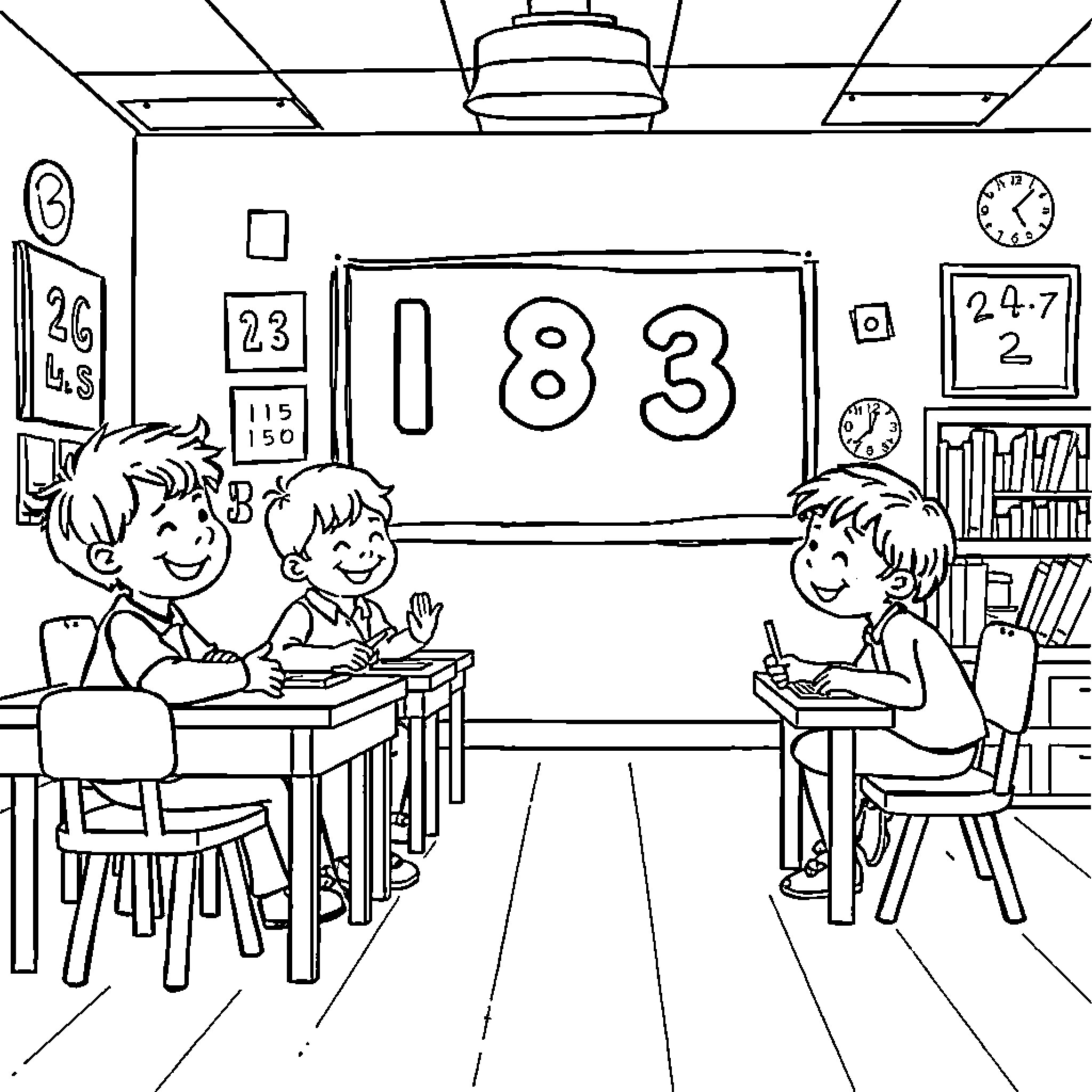 Number Children Learning in Classroom Coloring Page (free black-and-white line drawing printable PDF for all, from beginners to advanced learners, including children, teens, adults, and seniors)