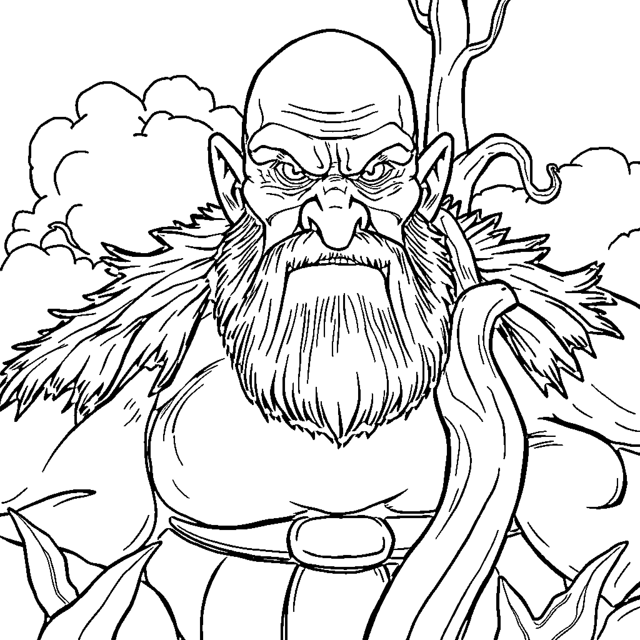 Giant Bearded Warrior Wielding Powerful Weapon Coloring Page (free black-and-white line drawing printable PDF for all, from beginners to advanced learners, including children, teens, adults, and seniors)
