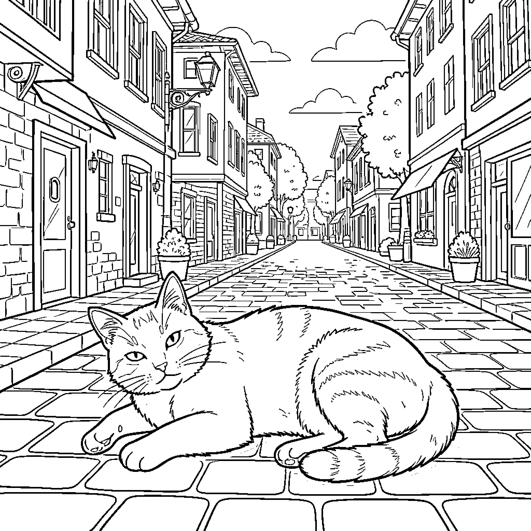 Cat resting peacefully on a cobblestone street Coloring Page (free black-and-white line drawing printable PDF for all, from beginners to advanced learners, including children, teens, adults, and seniors)