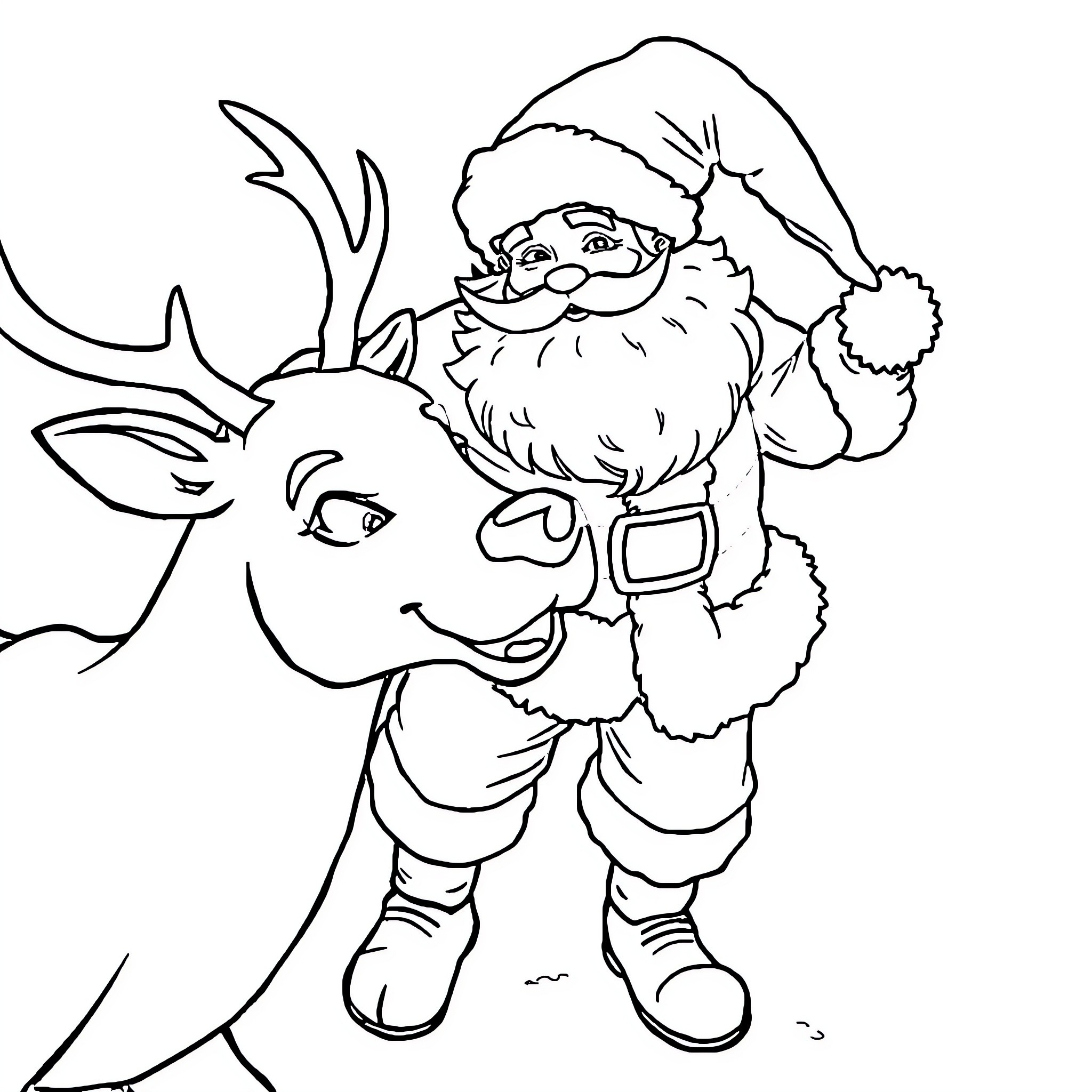 Santa and Reindeer in Playful Interaction Coloring Page (free black-and-white line drawing printable PDF for all, from beginners to advanced learners, including children, teens, adults, and seniors)