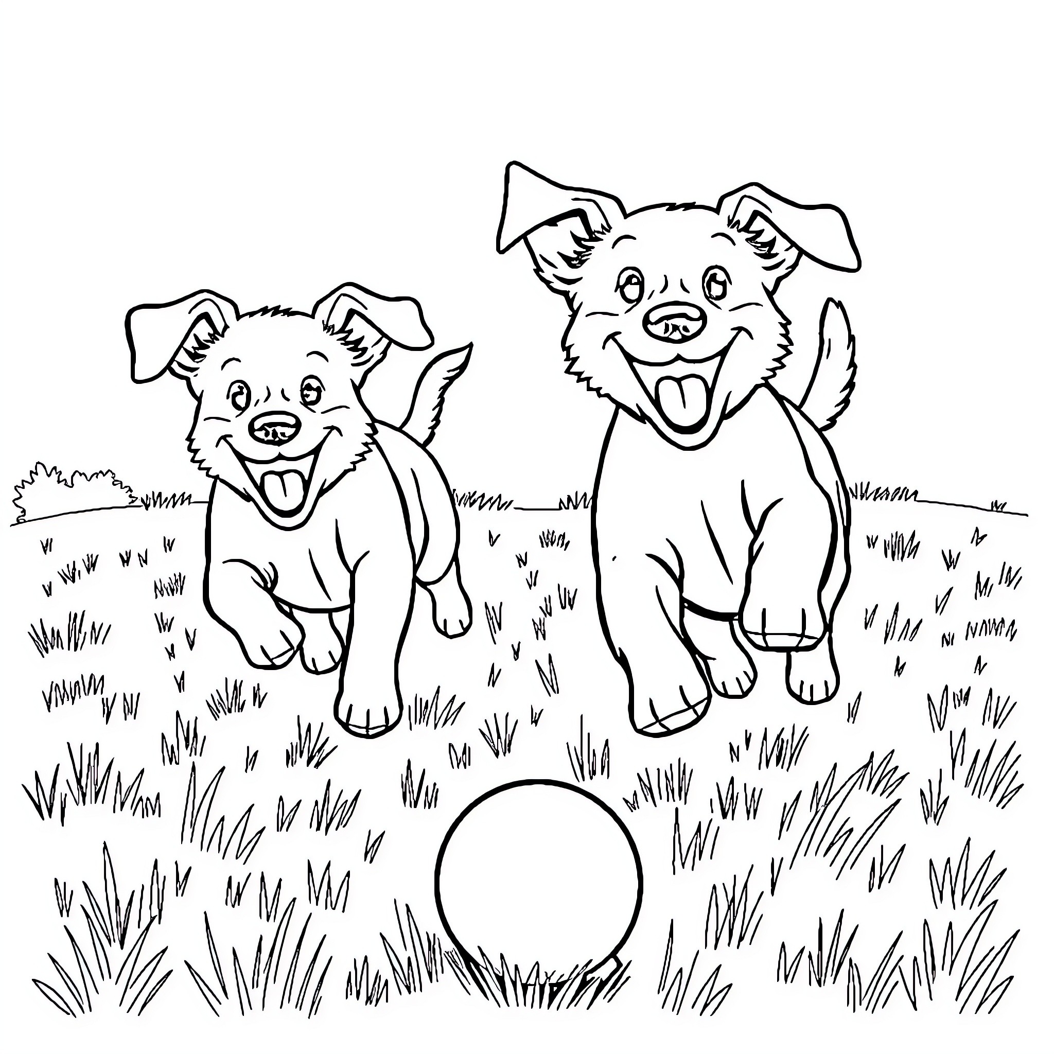 Dog friends playing with ball in the grass Coloring Page (free black-and-white line drawing printable PDF for all, from beginners to advanced learners, including children, teens, adults, and seniors)