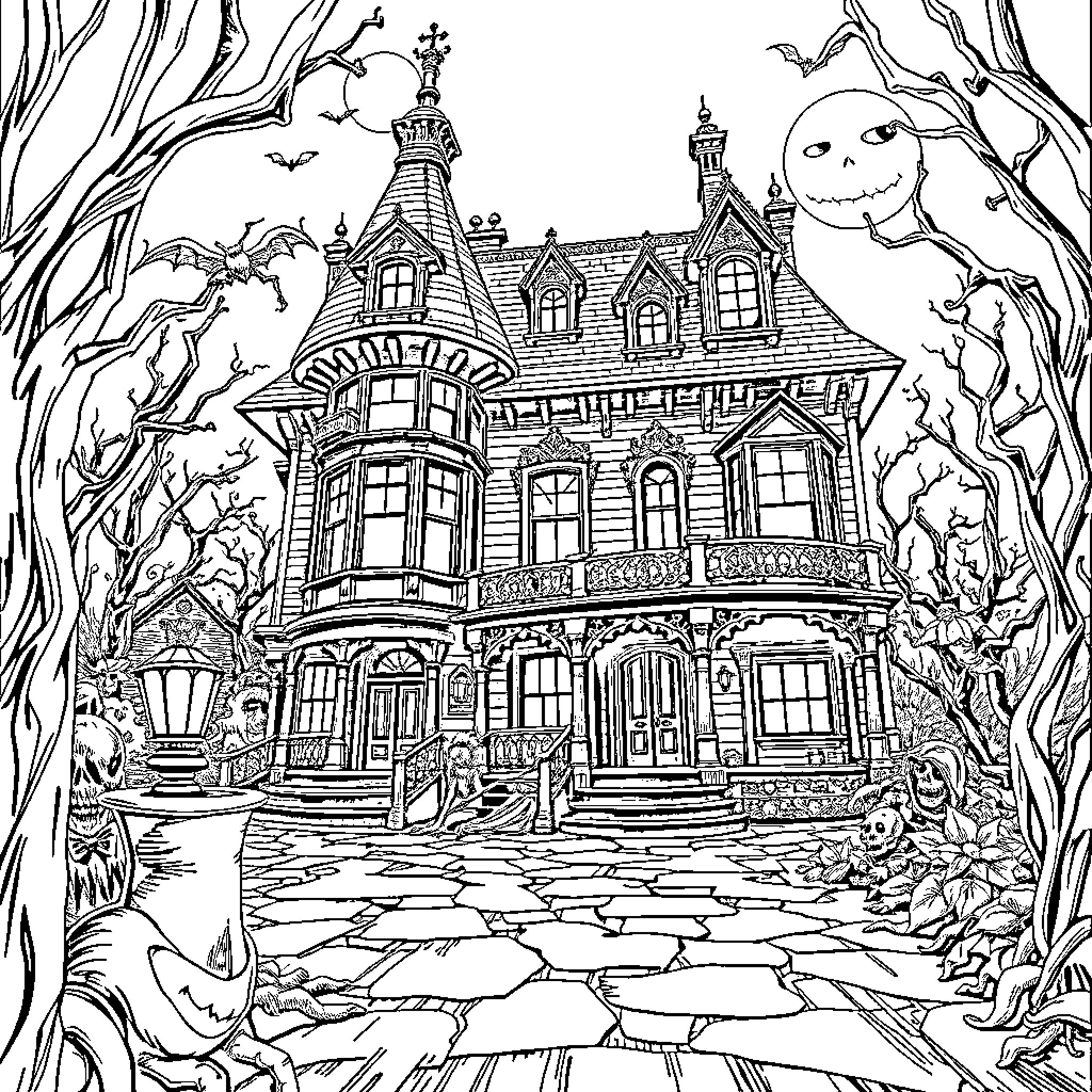 Mansion of Haunting Delights Coloring Page (free black-and-white line drawing printable PDF for all, from beginners to advanced learners, including children, teens, adults, and seniors)