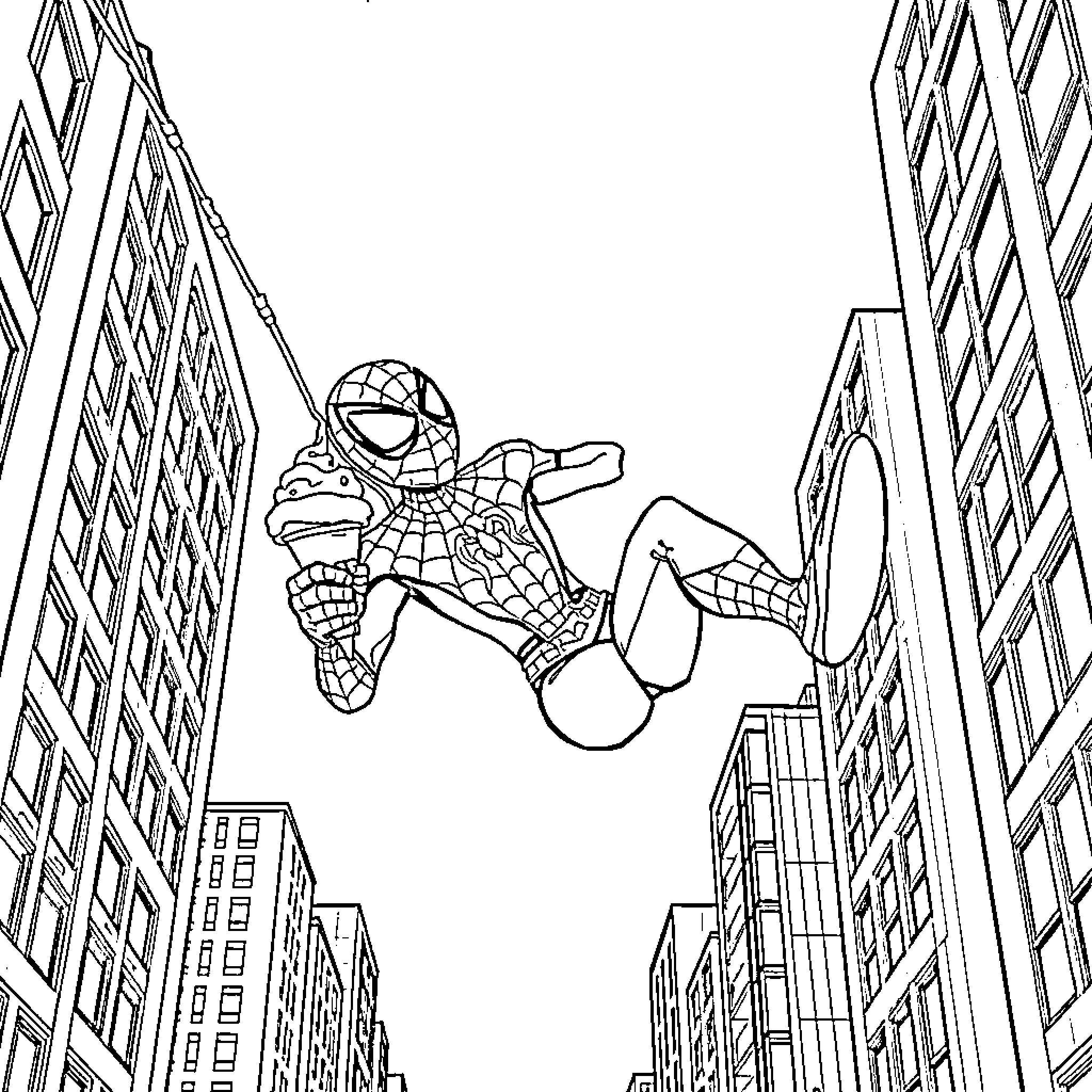 Spiderman swinging through the city skyscrapers Coloring Page (free black-and-white line drawing printable PDF for all, from beginners to advanced learners, including children, teens, adults, and seniors)