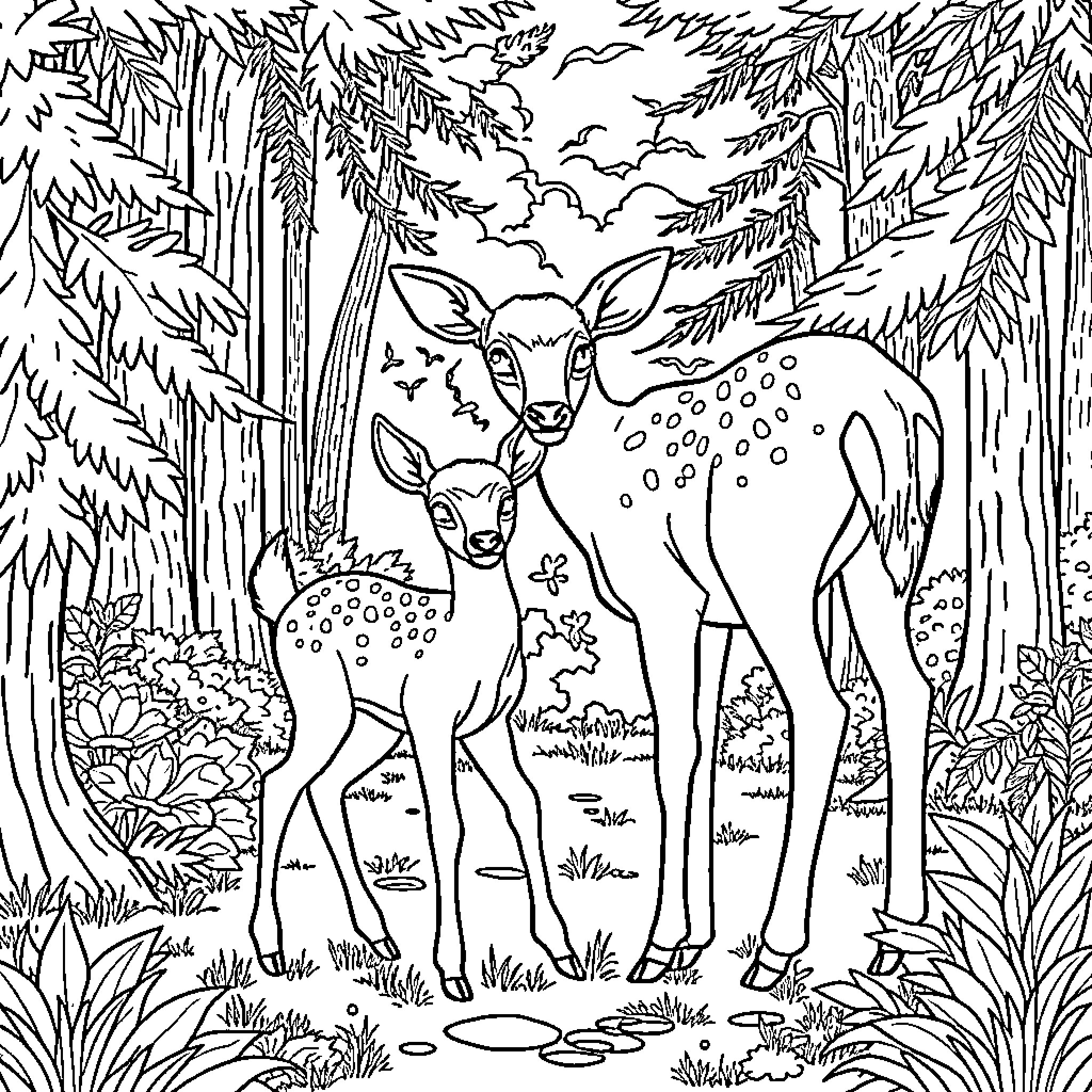 Deer in the enchanted forest Coloring Page (free black-and-white line drawing printable PDF for all, from beginners to advanced learners, including children, teens, adults, and seniors)