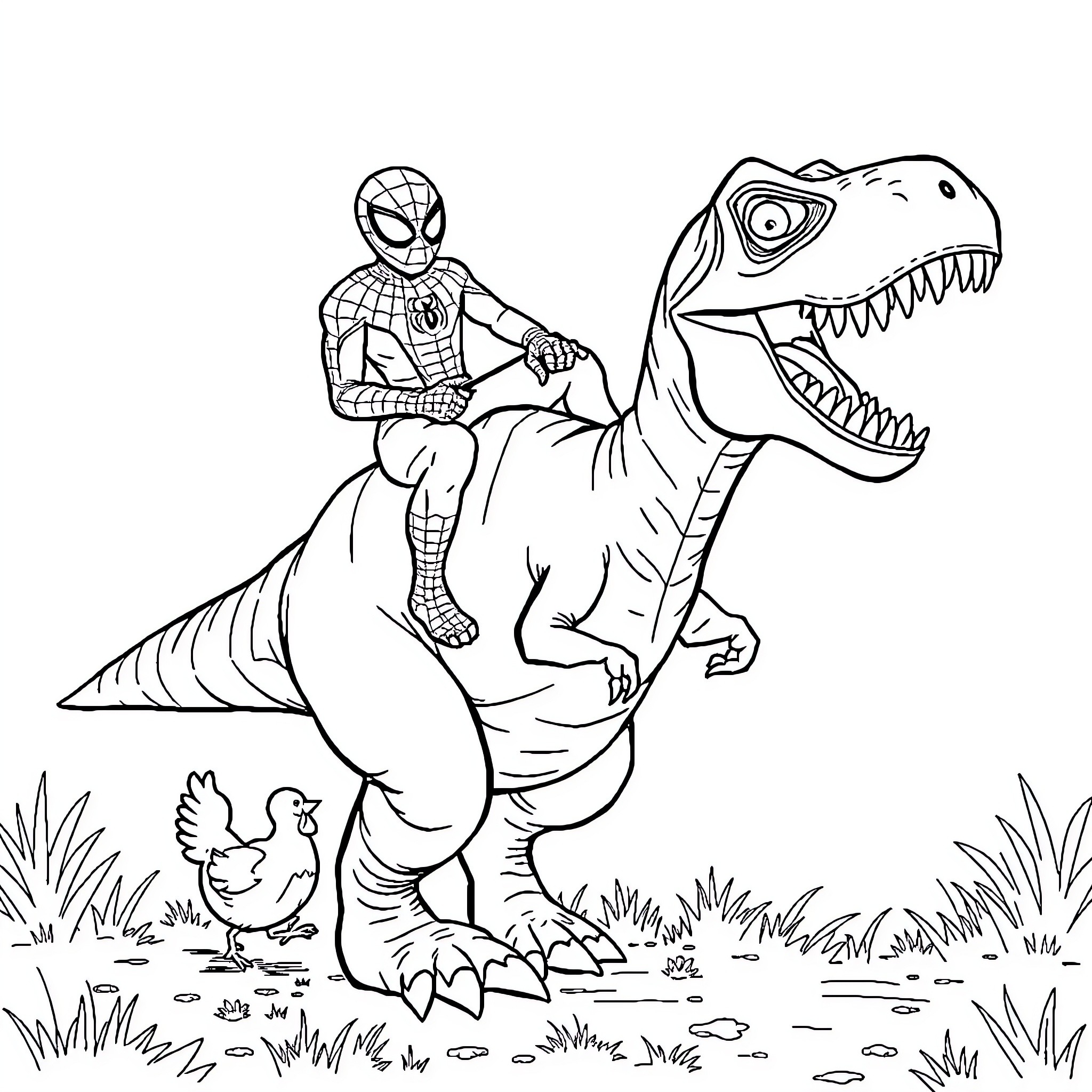Spiderman riding a fearsome dinosaur Coloring Page (free black-and-white line drawing printable PDF for all, from beginners to advanced learners, including children, teens, adults, and seniors)