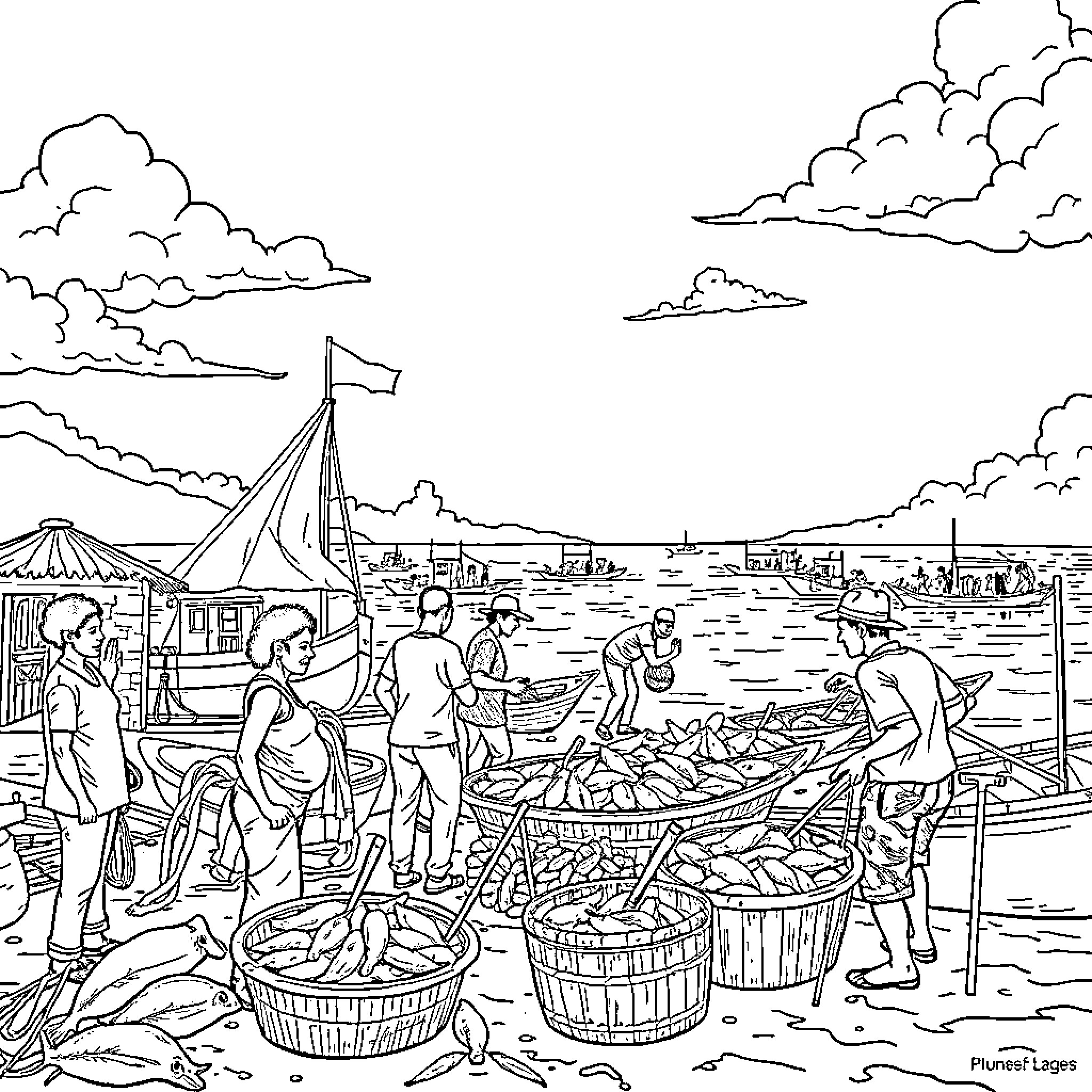 Haiti Marketplace: Bustling Seafood Trade by the Waterfront Coloring Page (free black-and-white line drawing printable PDF for all, from beginners to advanced learners, including children, teens, adults, and seniors)