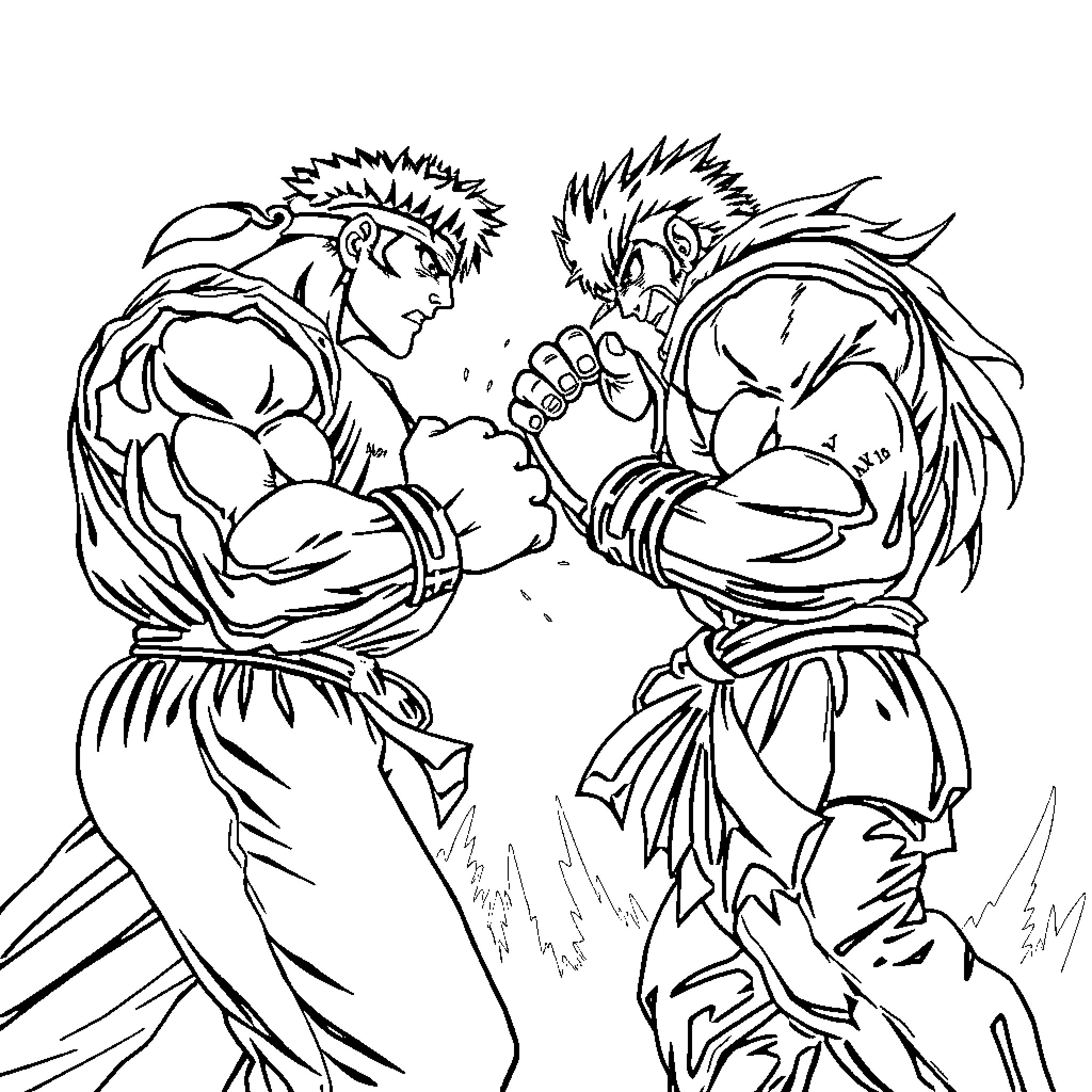 Ryu's intense martial arts combat with a rival fighter Coloring Page (free black-and-white line drawing printable PDF for all, from beginners to advanced learners, including children, teens, adults, and seniors)