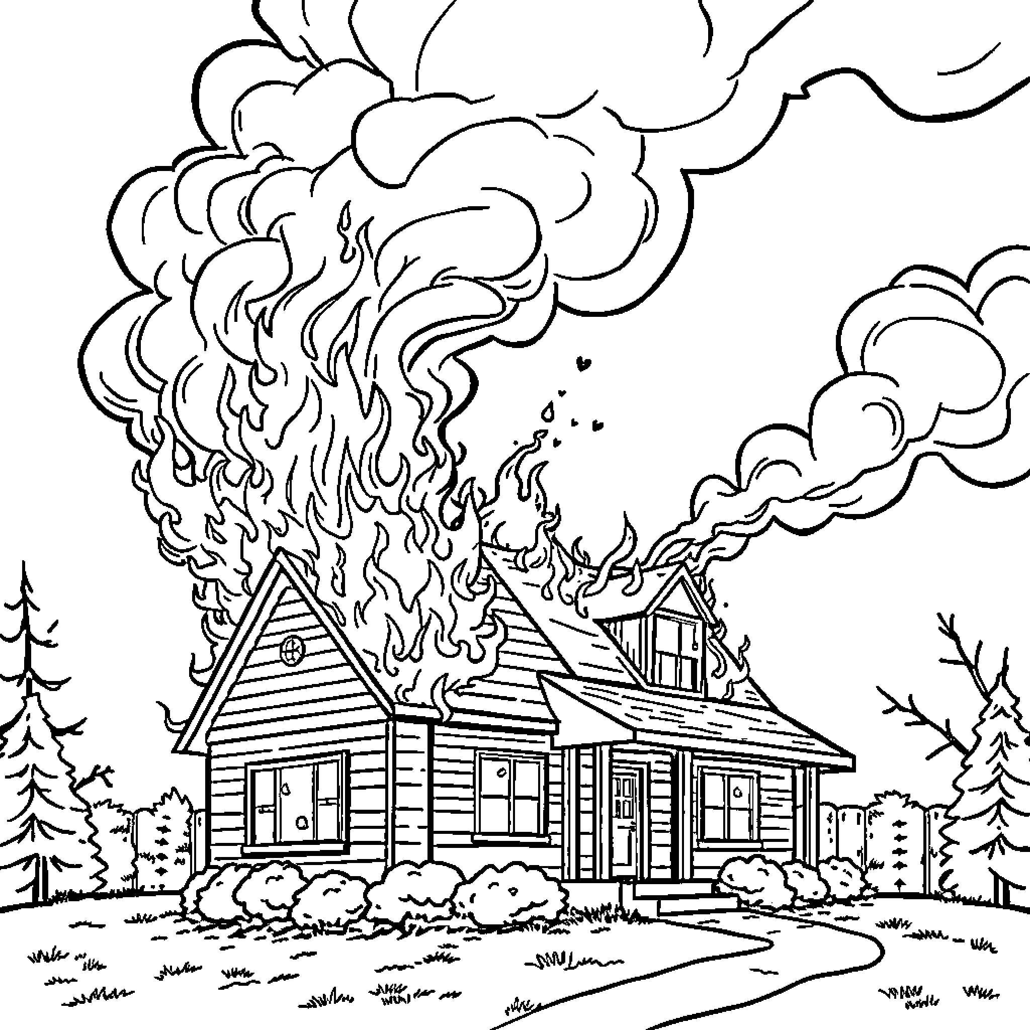 House Burning in the Wilderness Coloring Page (free black-and-white line drawing printable PDF for all, from beginners to advanced learners, including children, teens, adults, and seniors)