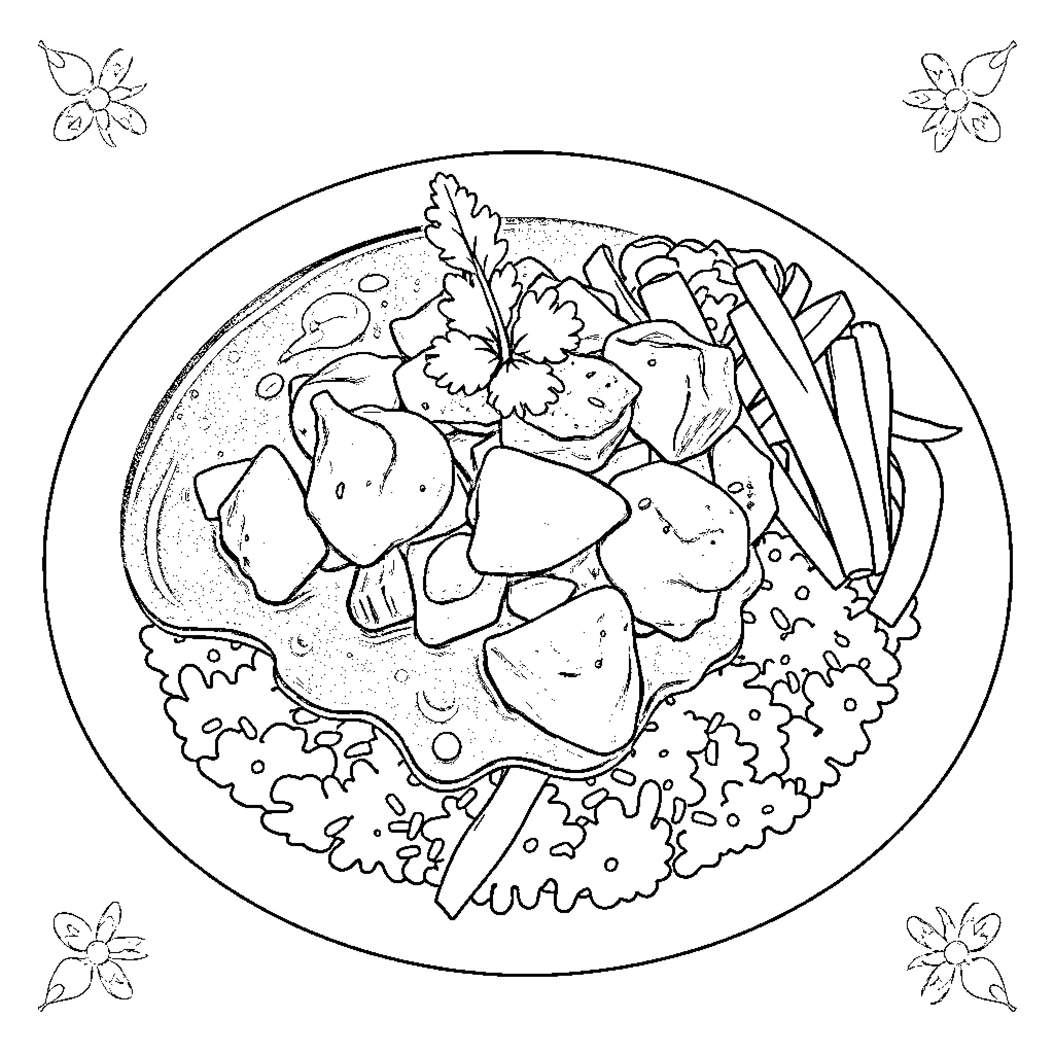 Curry Dish Featuring Vibrant Vegetables and Garnishes Coloring Page (free black-and-white line drawing printable PDF for all, from beginners to advanced learners, including children, teens, adults, and seniors)