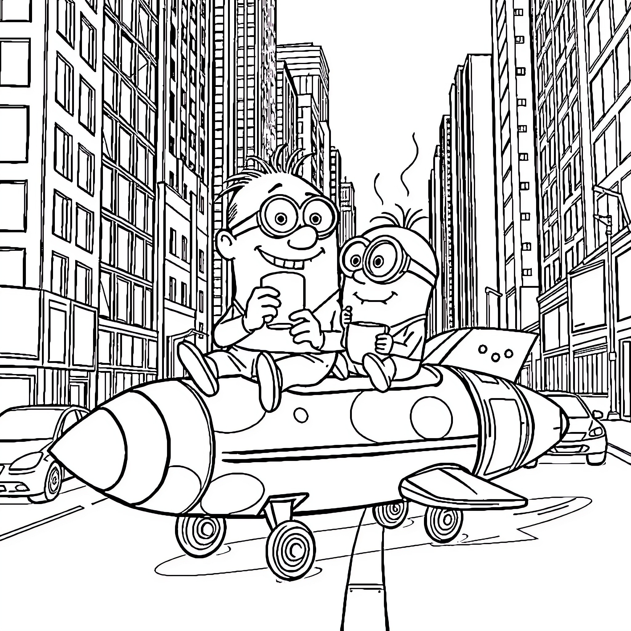 Gru and Minions riding a rocket in the city Coloring Page (free black-and-white line drawing printable PDF for all, from beginners to advanced learners, including children, teens, adults, and seniors)
