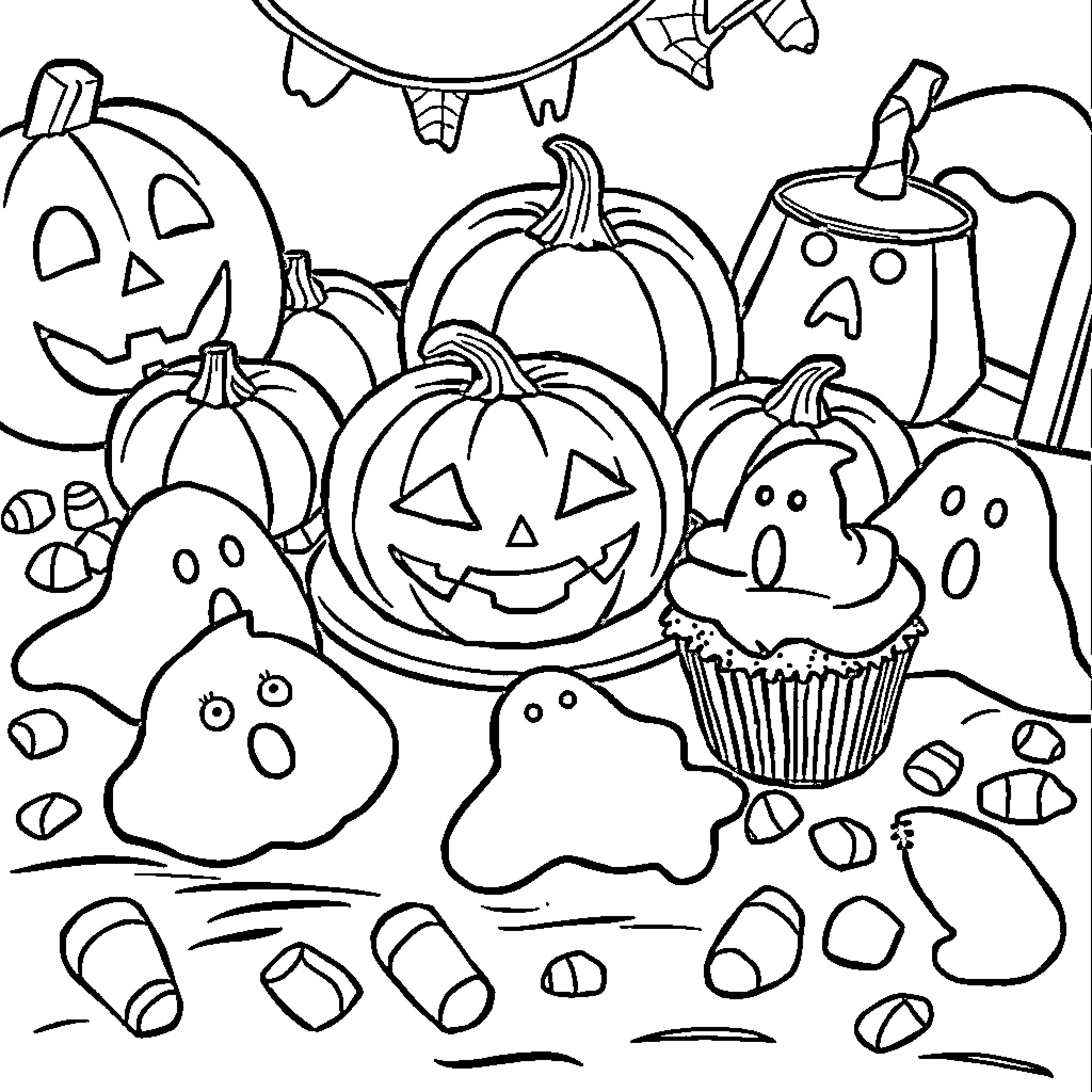 Halloween Food Fun with Jack-o'-lanterns and Spooky Treats Coloring Page (free black-and-white line drawing printable PDF for all, from beginners to advanced learners, including children, teens, adults, and seniors)