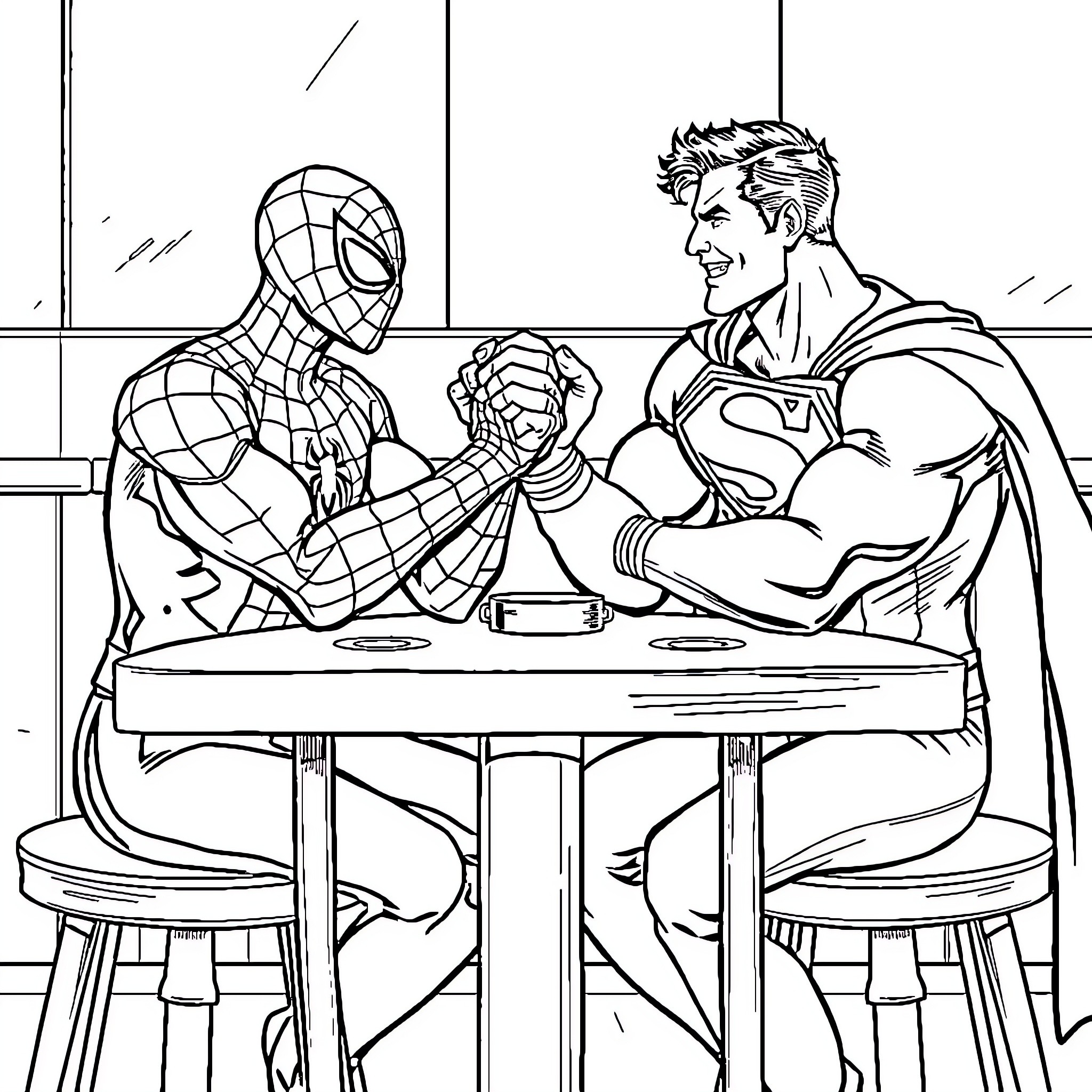Spiderman having a friendly conversation with a muscular hero Coloring Page (free black-and-white line drawing printable PDF for all, from beginners to advanced learners, including children, teens, adults, and seniors)