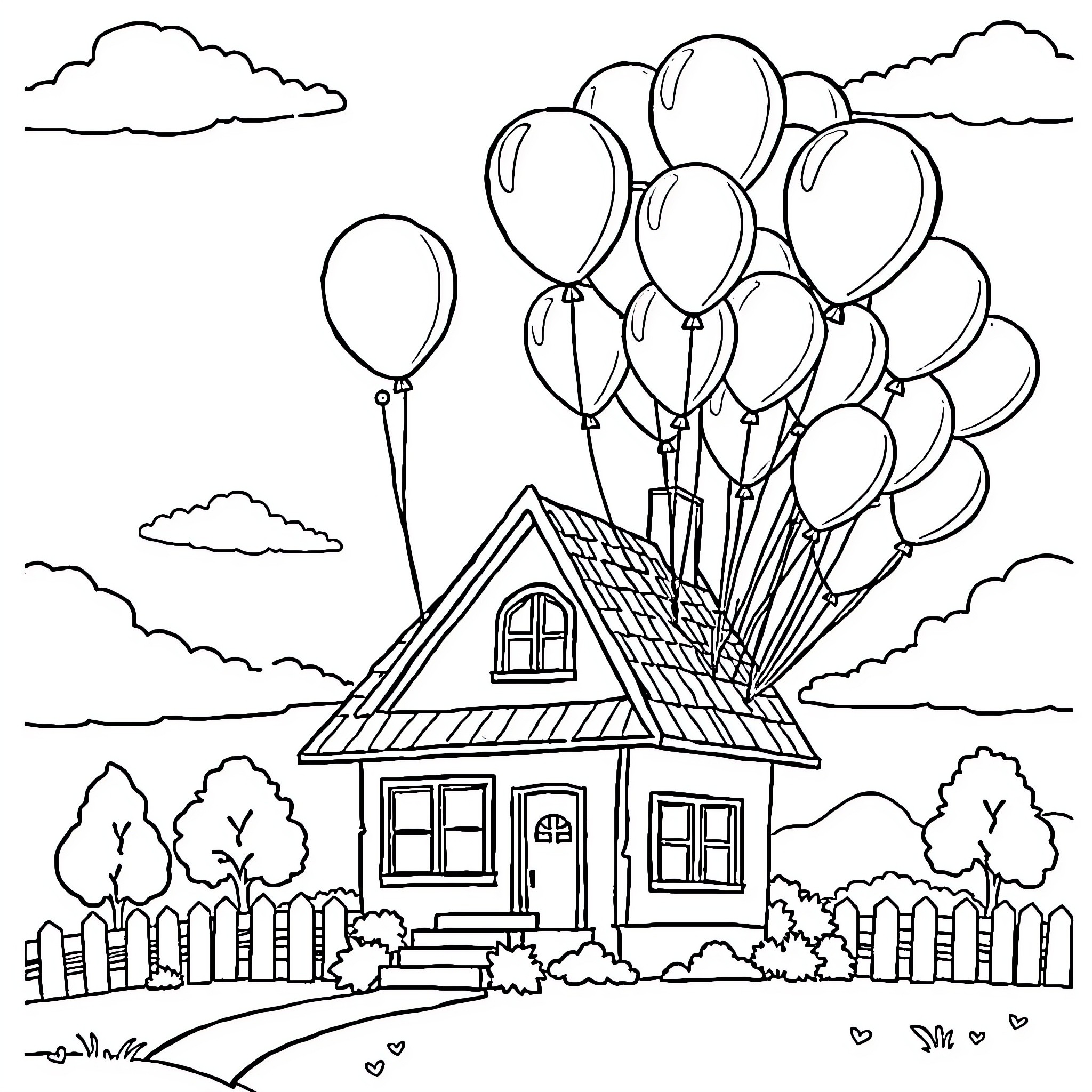 House lifted by colorful balloons Coloring Page (free black-and-white line drawing printable PDF for all, from beginners to advanced learners, including children, teens, adults, and seniors)