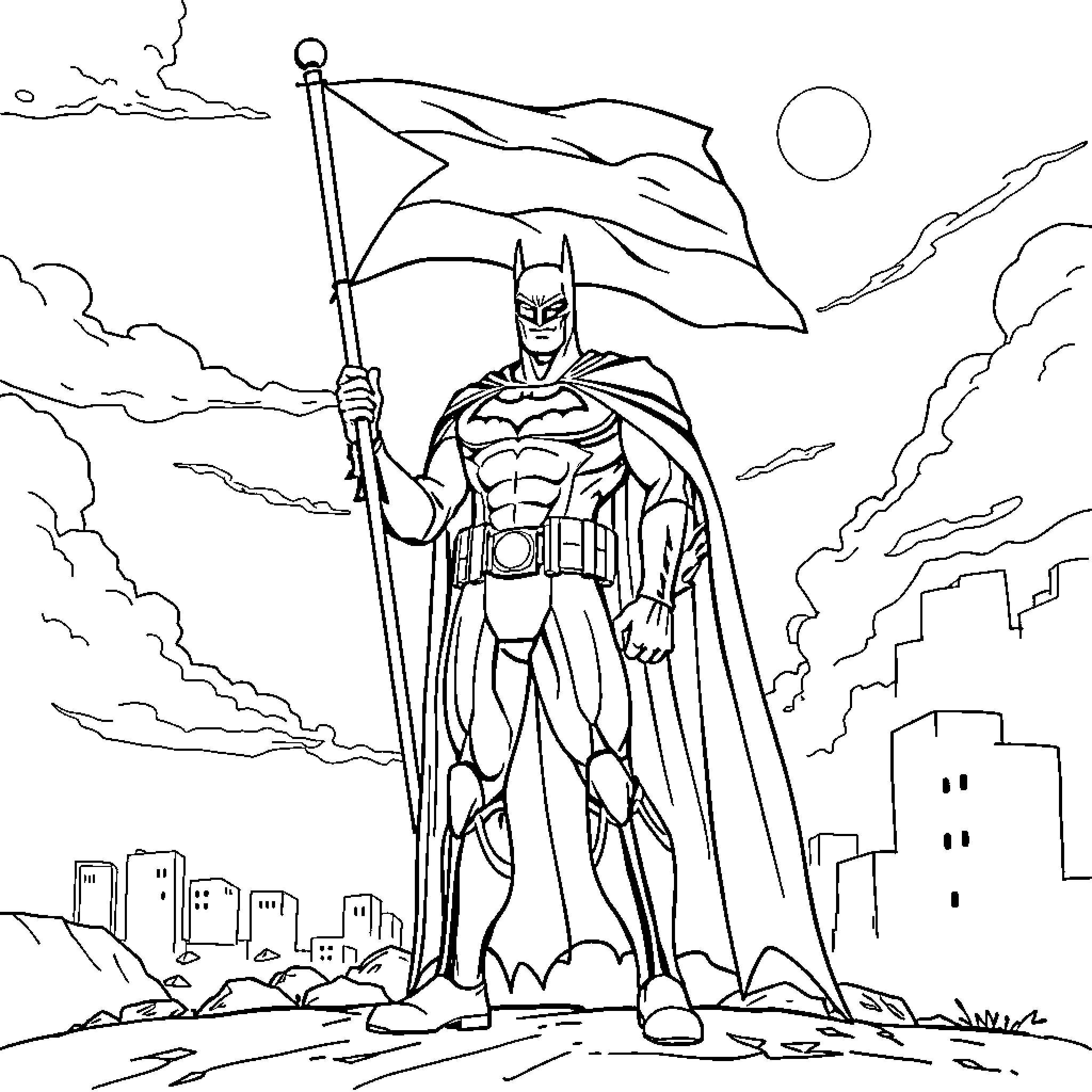 Batman stands tall with flag in stormy city Coloring Page (free black-and-white line drawing printable PDF for all, from beginners to advanced learners, including children, teens, adults, and seniors)