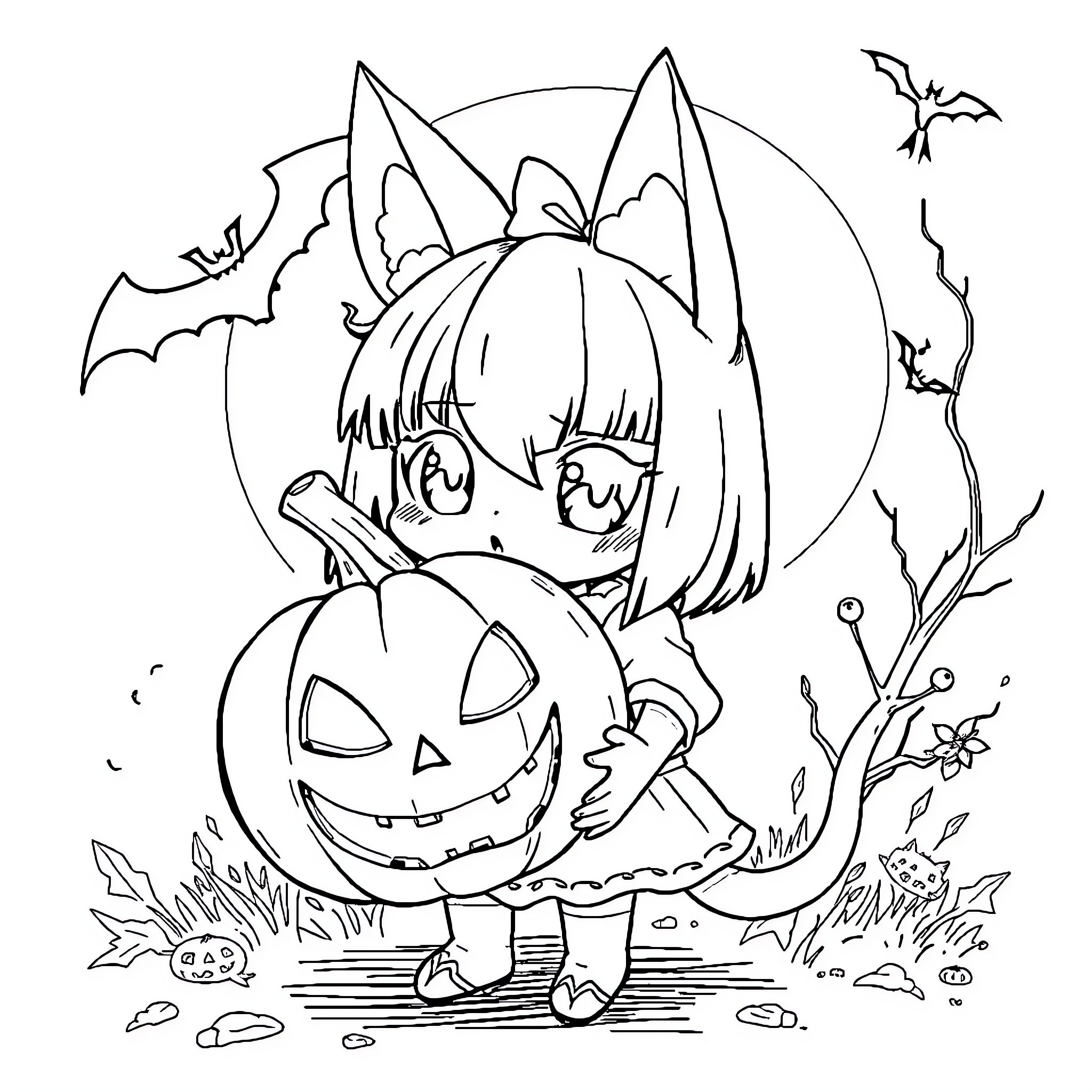 Kuromi's Spooky Halloween Adventure Coloring Page (free black-and-white line drawing printable PDF for all, from beginners to advanced learners, including children, teens, adults, and seniors)