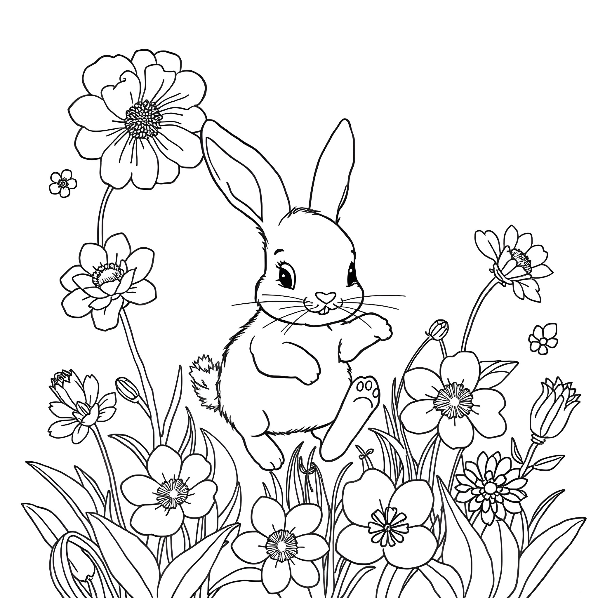 Baby Bunny Playing Amidst Floral Garden Coloring Page (free black-and-white line drawing printable PDF for all, from beginners to advanced learners, including children, teens, adults, and seniors)